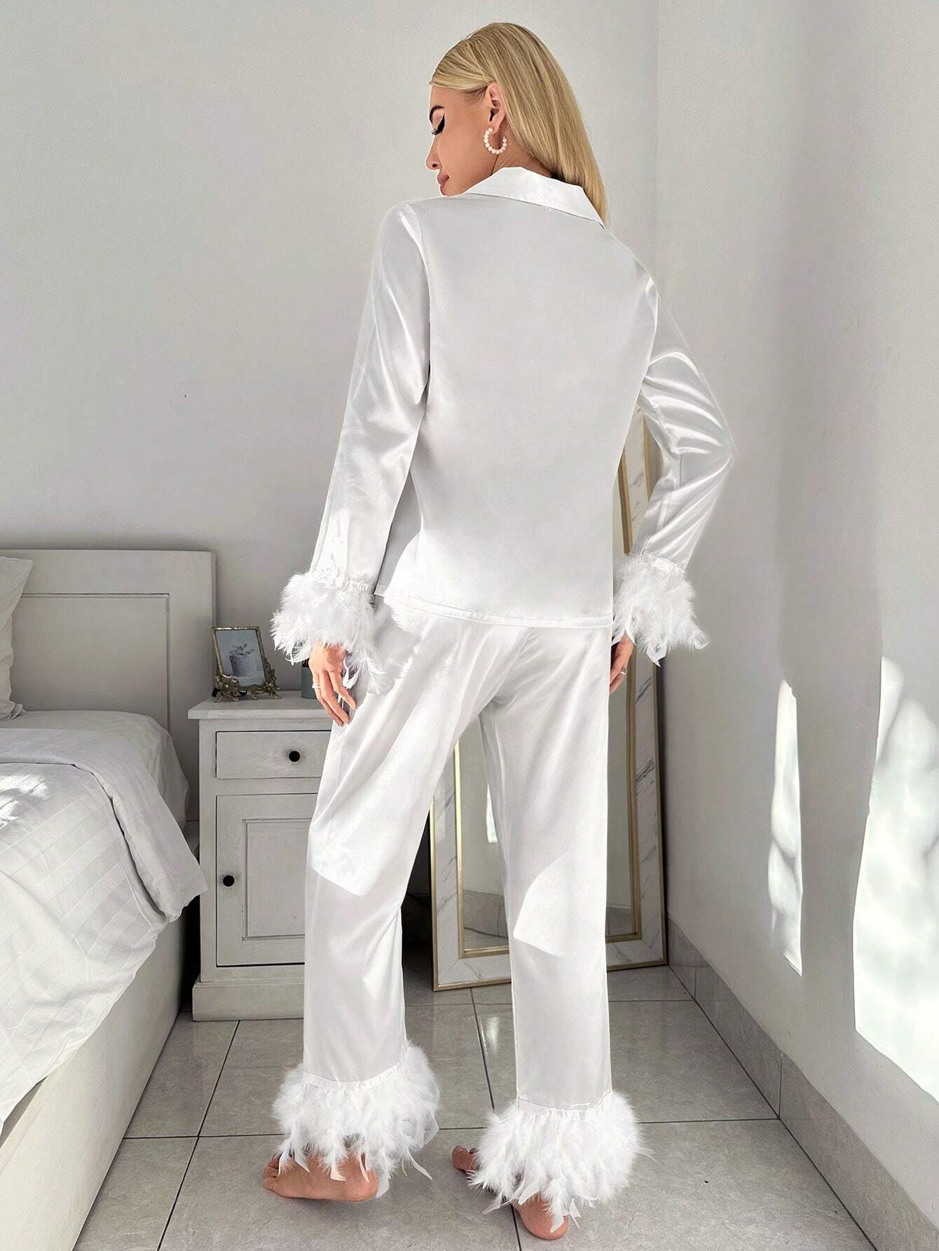 Fuzzy Trim Satin PJ Set / Pajama Set