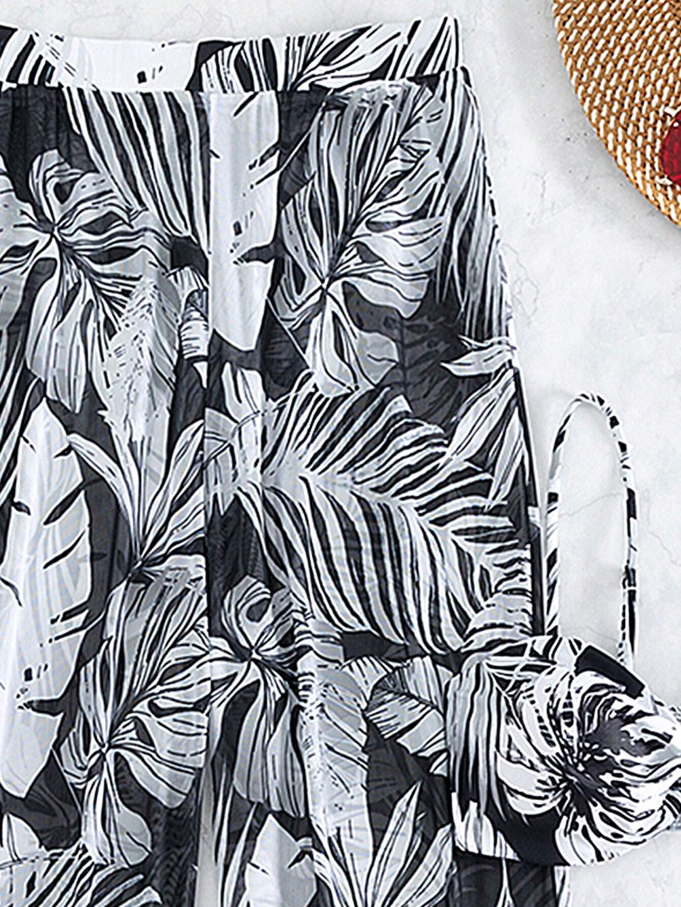 3pcs Tropical Print High Cut Bikini Swimsuit With Cover Up