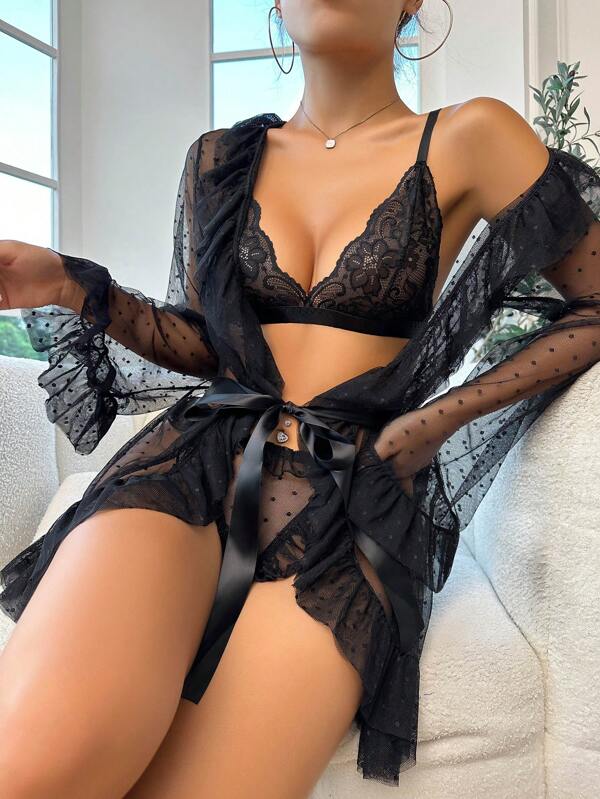 Floral Lace Lingerie Set With Belted Robe