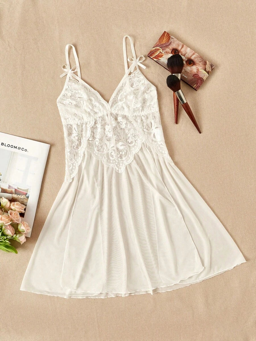 Contrast Lace Mesh Harness Slips White