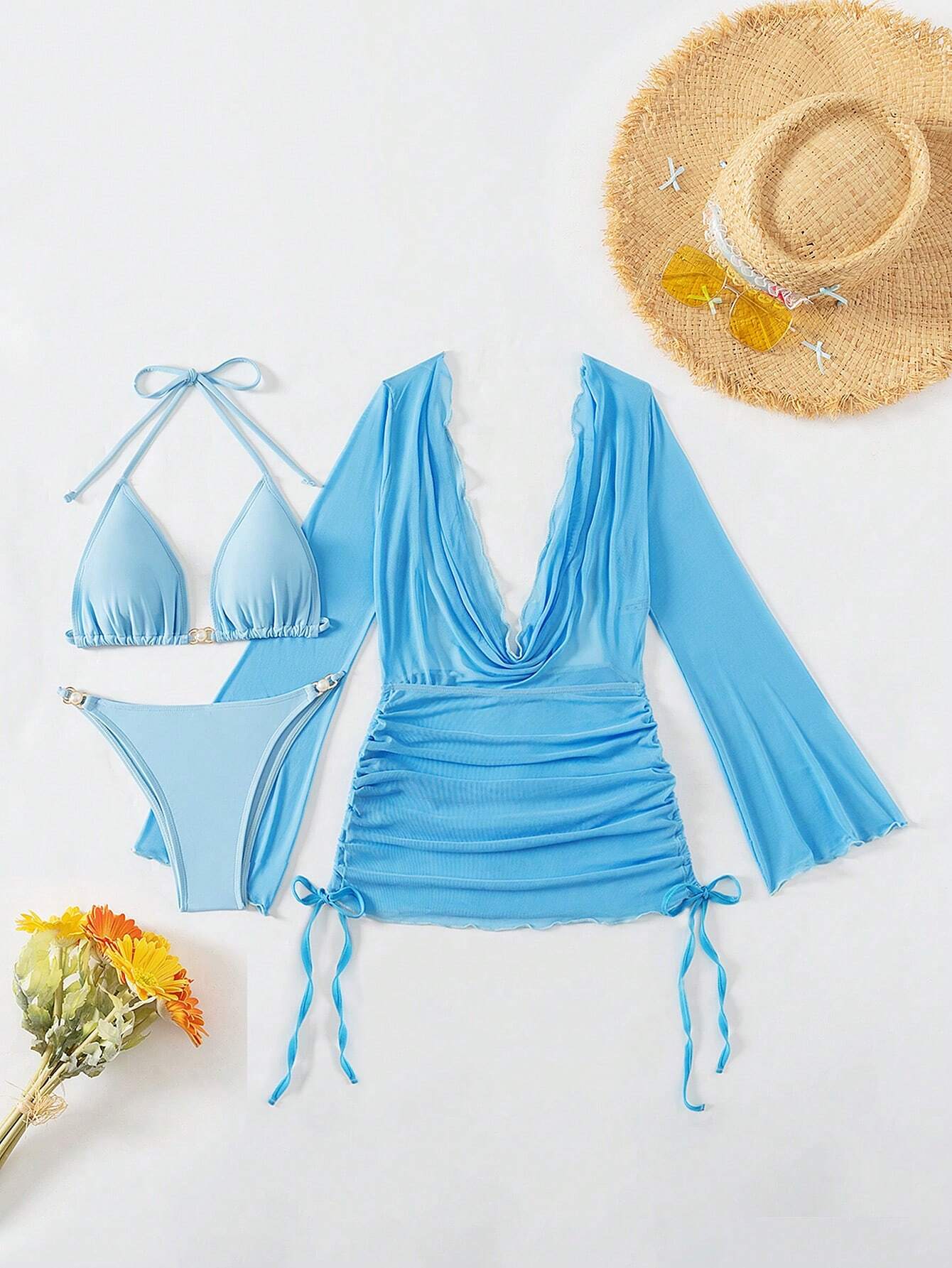 Swim Ladies' Vacation Solid Color Halter Strap Sexy Bikini Set With Cover-Up Dress