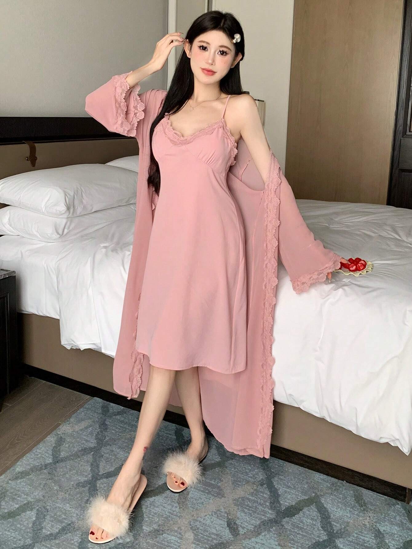 DAZY 2pcs Lace Splice Cami Slip Dress &amp; Robe Pajama Set