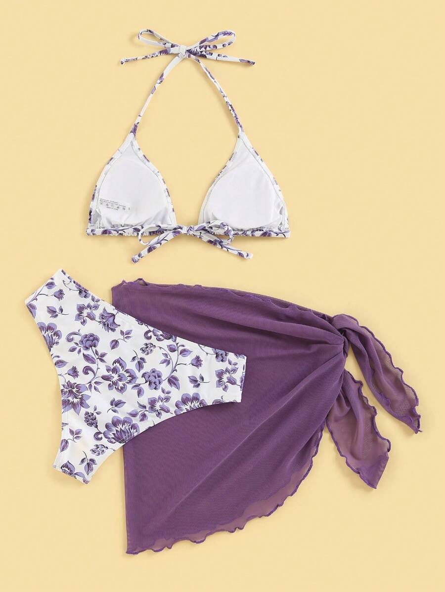 Floral Print Halter Triangle Bikini Swimsuit With Beach Skirt