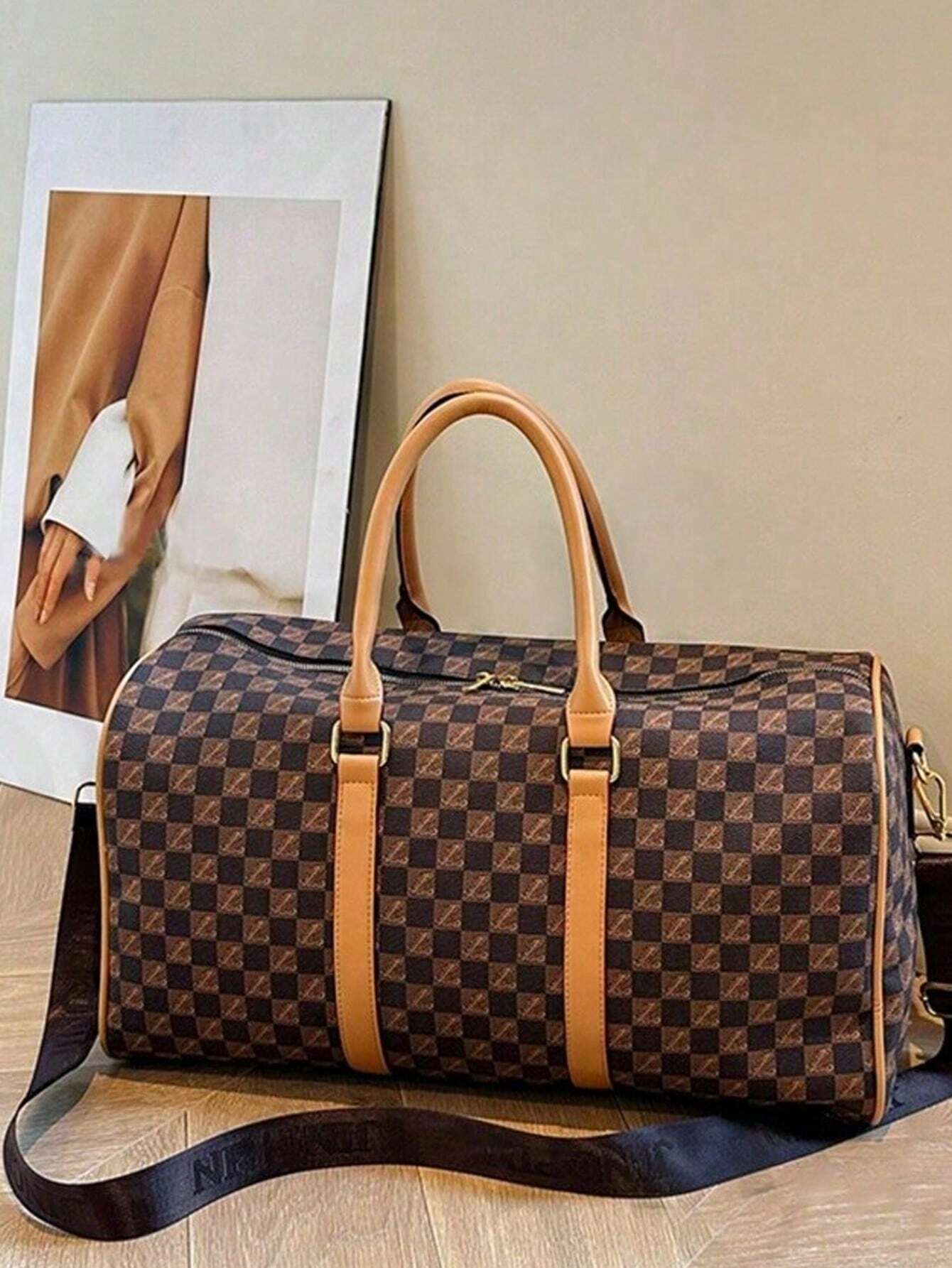 Large Capacity Fashion Printed Luggage Bag, Suitable For Men &amp; Women's Fitness, Travel, Outdoor Sports Storage Bag Brown