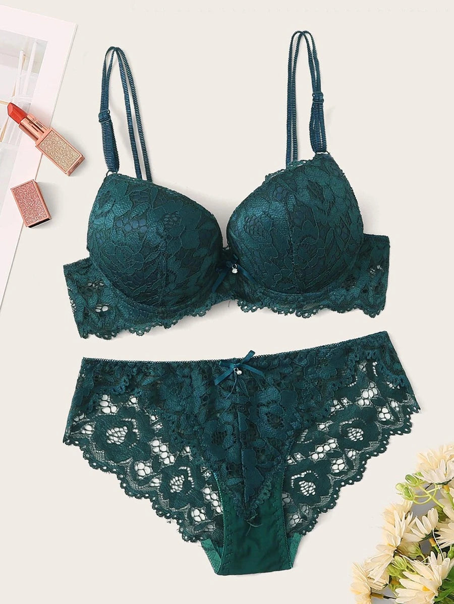 Floral Lace Underwire Lingerie Set Dark Green