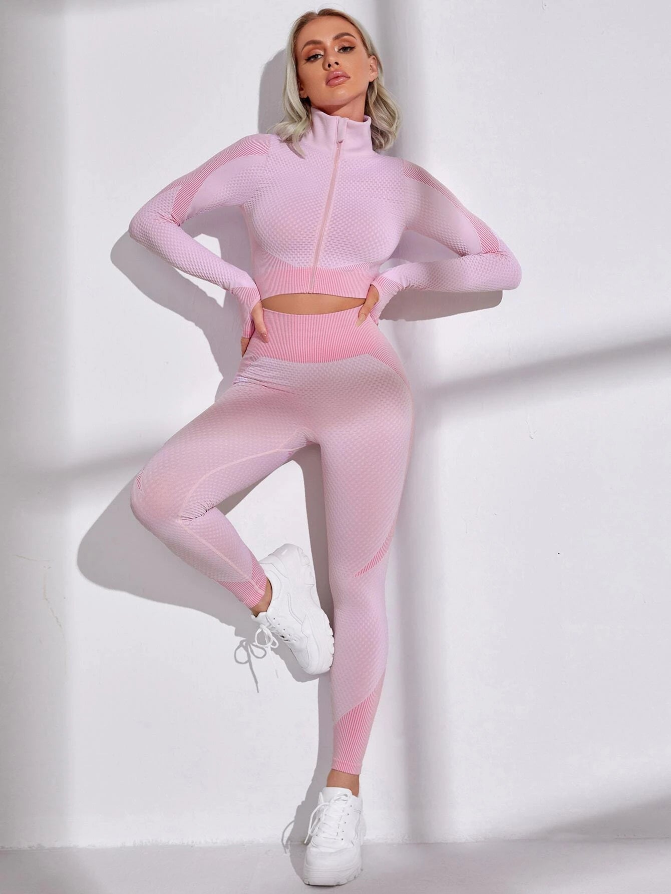 Yoga Futuristic 2pcs High Stretch Sports Zip Up Crop Jacket &amp; Tummy Control Leggings