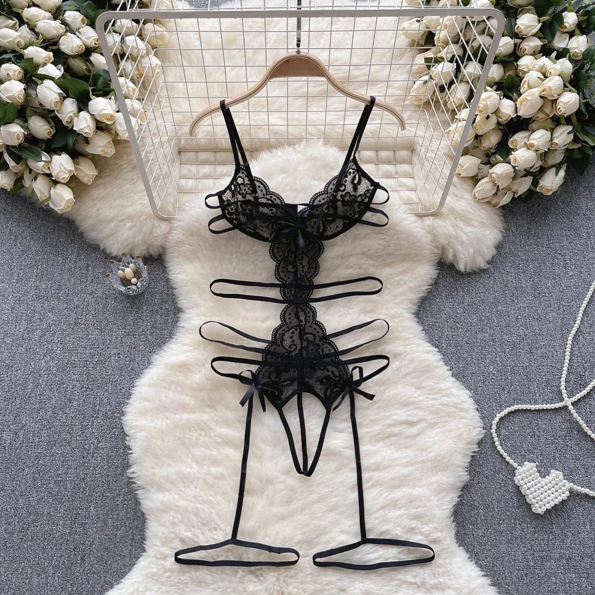 Black Lace Women's See-through Sexy Lace Up Bow Spliced Strap Jumpsuit Hollow Out Erotic Lingerie Bodysuit Black