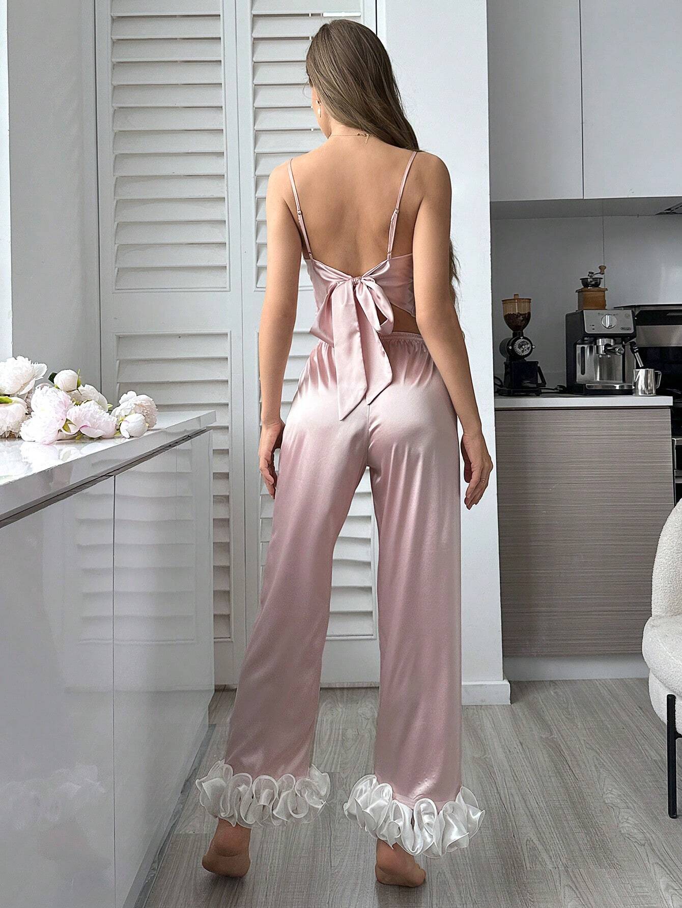 SilkySpell Simulated Silk Knotted Strap Contrasting Color 3D Flower Print Pajama Set With Long Pants