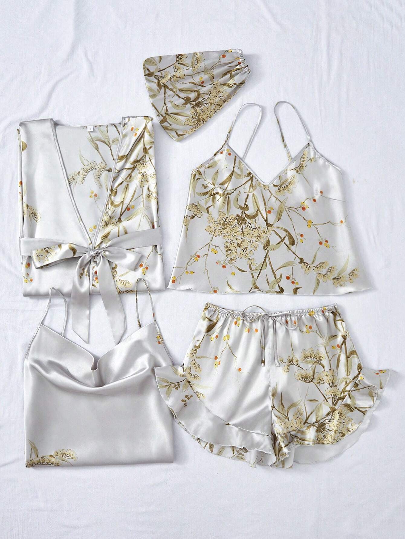 LuxeNights 5pcs/Set Silk-Like Flower Print Camisole Top &amp; Shorts &amp; Dress &amp; Robe &amp; Storage Bag