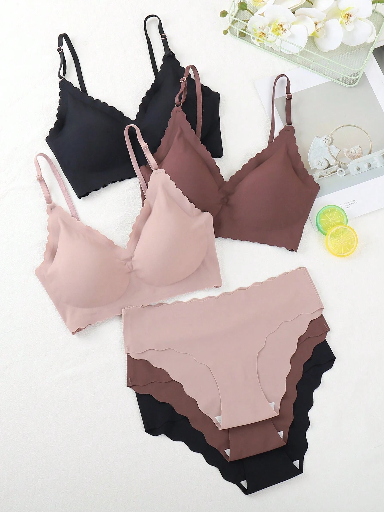 6pcs Women Plain Simple Bra &amp; Panty Underwear Set