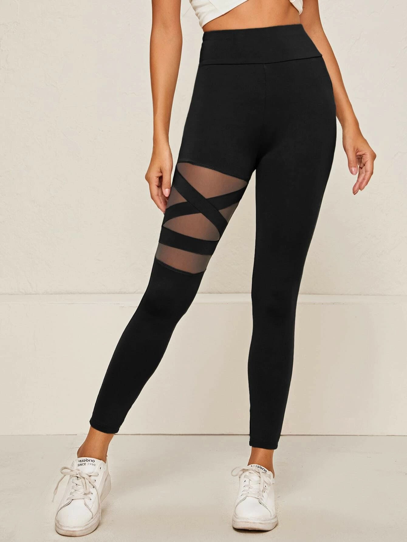 SHEIN Mulvari Wide Waistband Mesh Insert Leggings XS Black