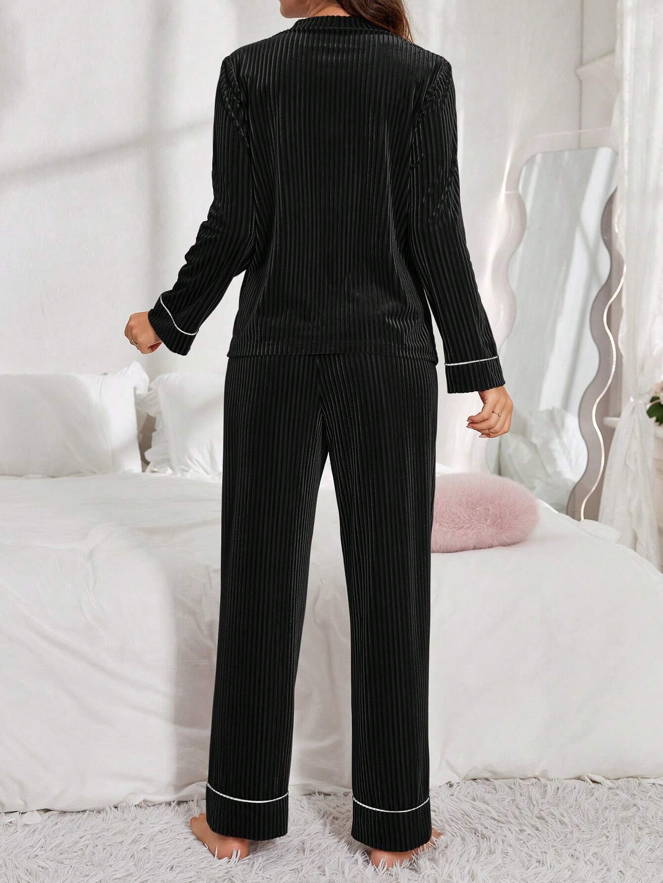 Women Velvet Button-Up Long Sleeve Pajama Set