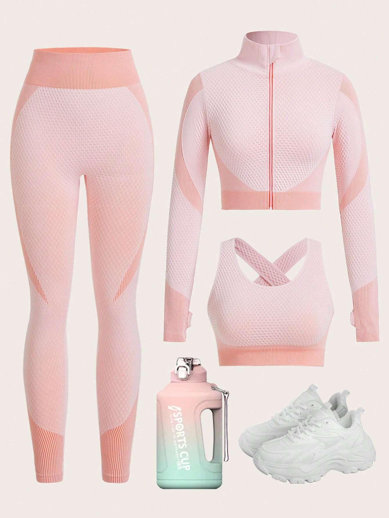 Yoga Futuristic Seamless High Stretch Thumbholes Sports Jacket &amp; Sports Bra &amp; Sports Leggings Coral Pink