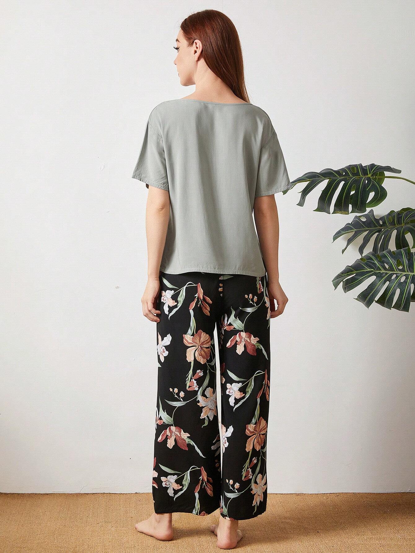 Floral Print Drop Shoulder PJ Set