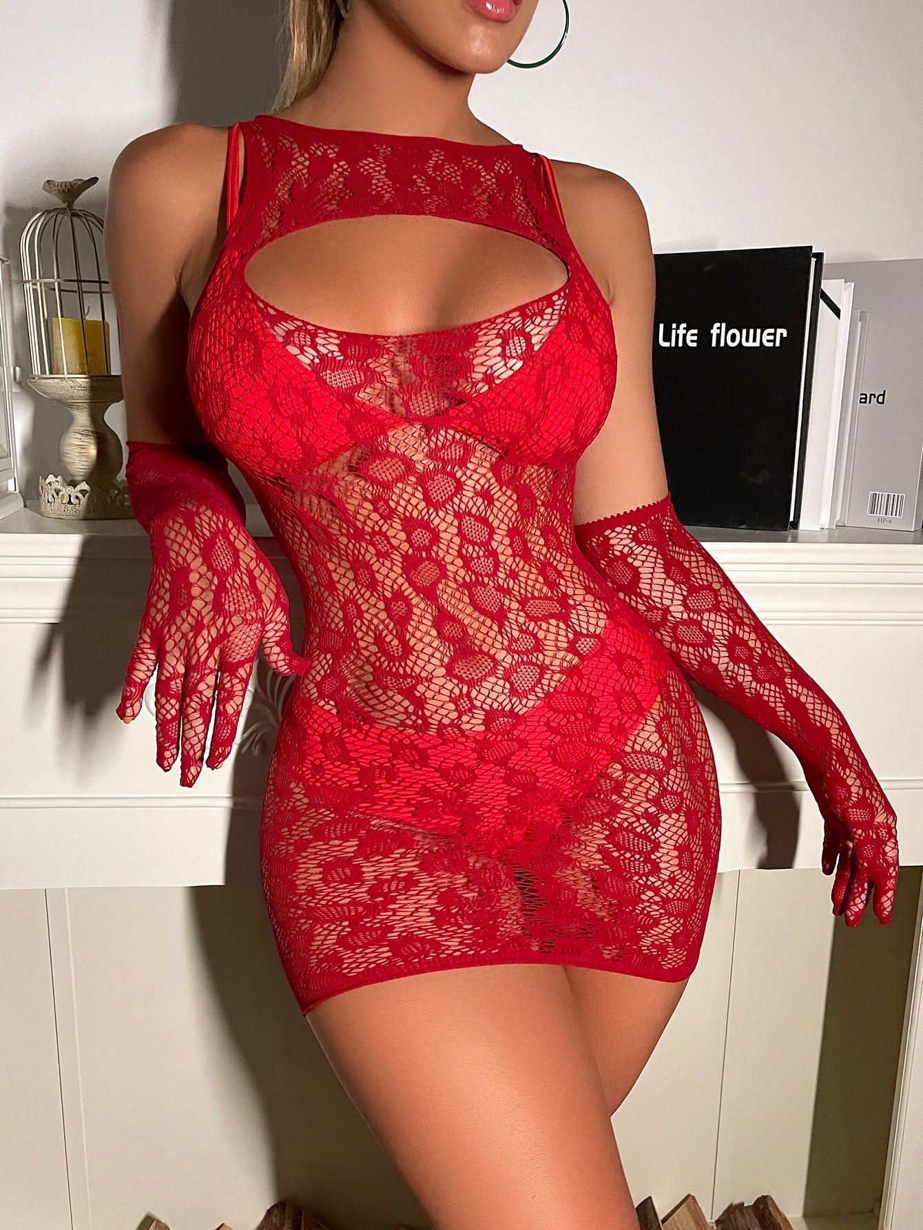Sheer Mesh Cut Out Bodycon Dress With 1pair Gloves Without Liner Burgundy One-Size