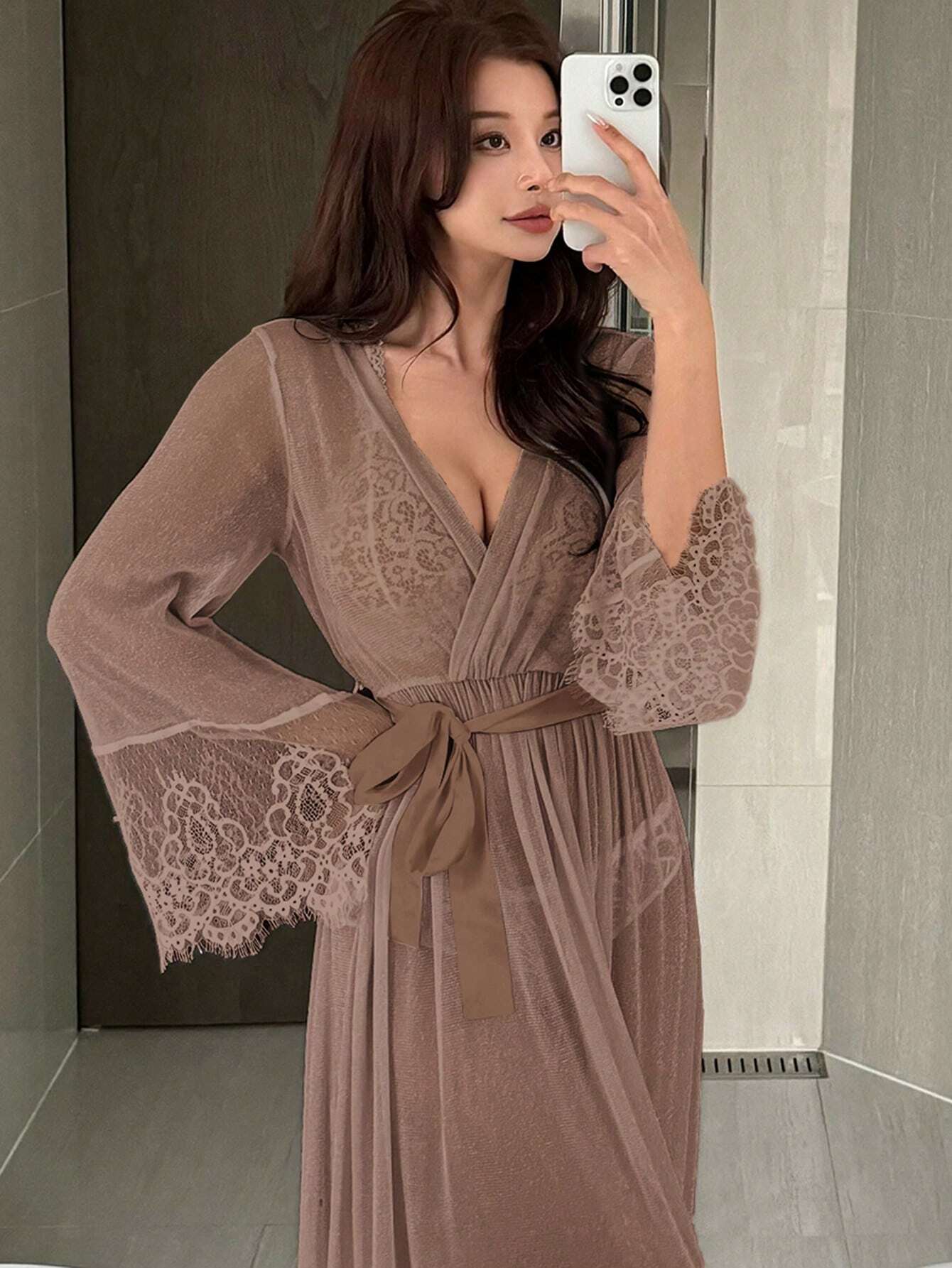 DAZY Sexy Lace Waist Cinching Nightgown With Sheer Luminous Material Patchwork