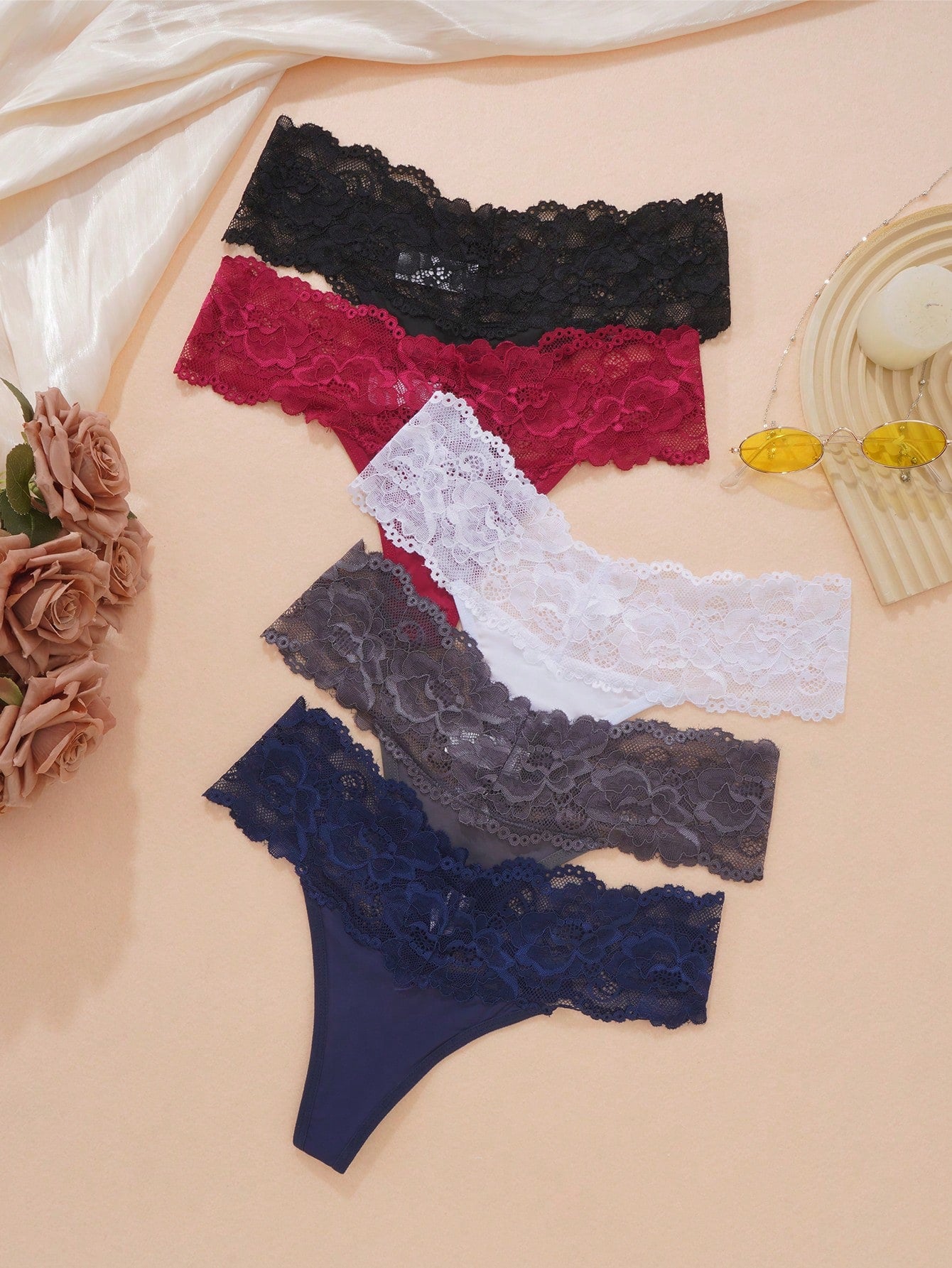 5pack Contrast Lace Thong Multicolor 5