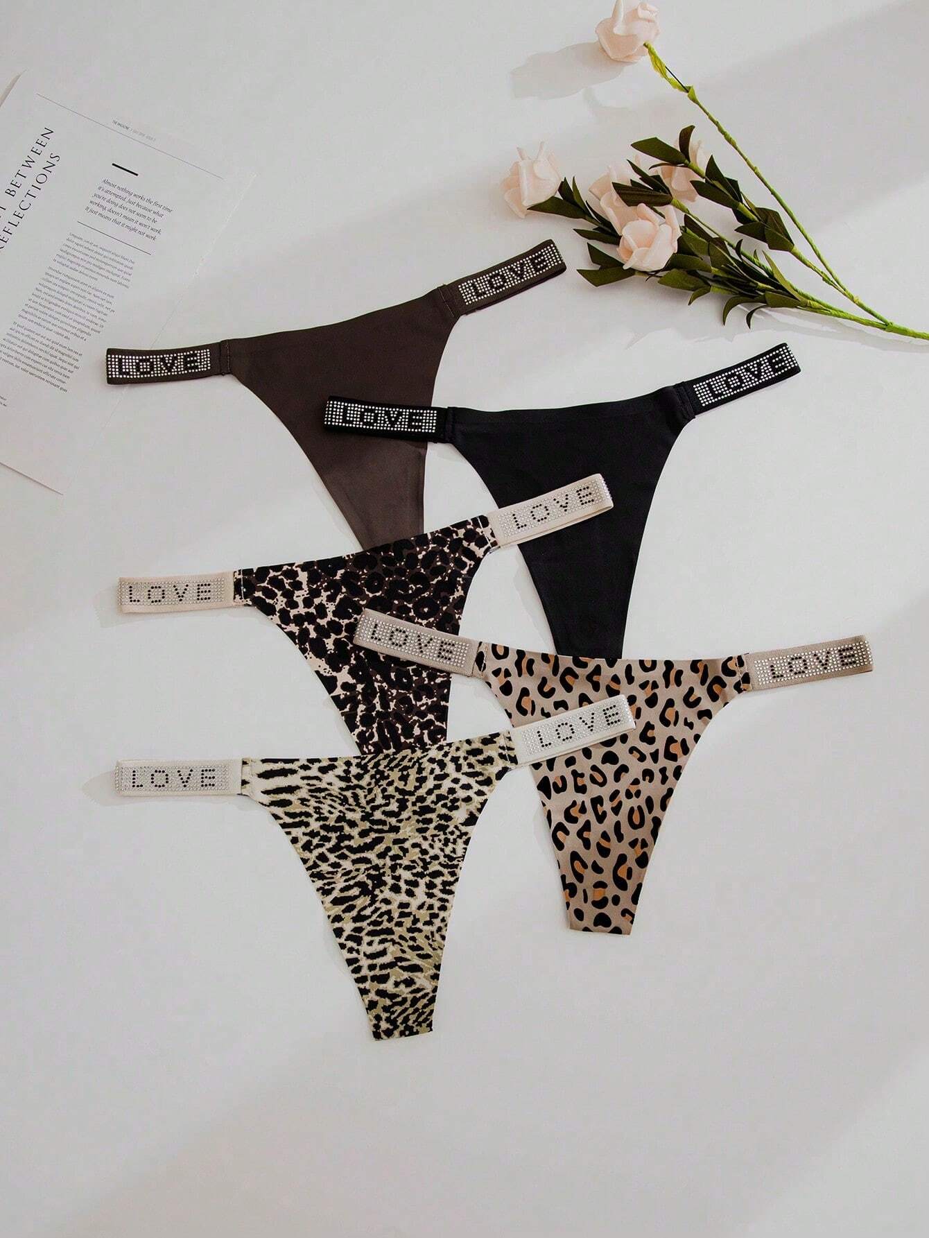 5packs Leopard Print Letter Tape Waist Sexy G-String