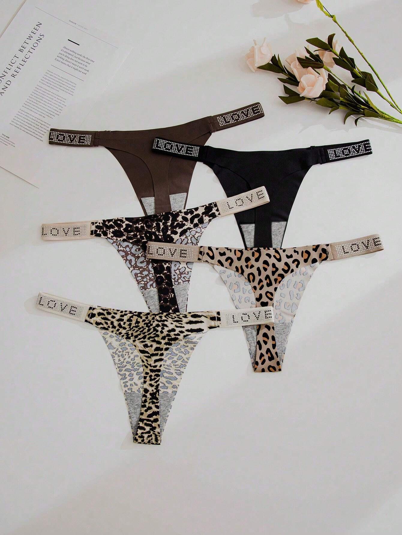 5packs Leopard Print Letter Tape Waist Sexy G-String