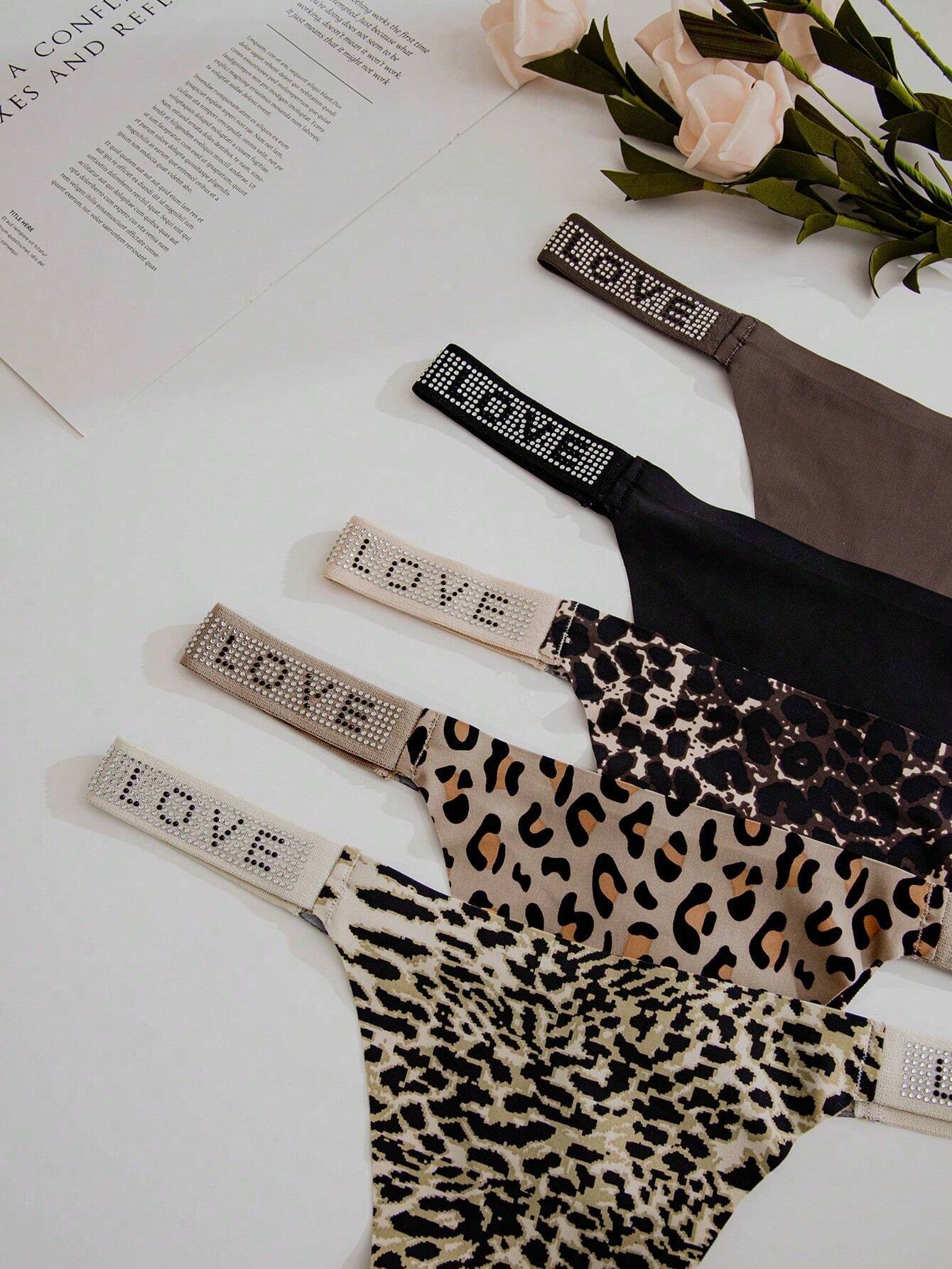 5packs Leopard Print Letter Tape Waist Sexy G-String