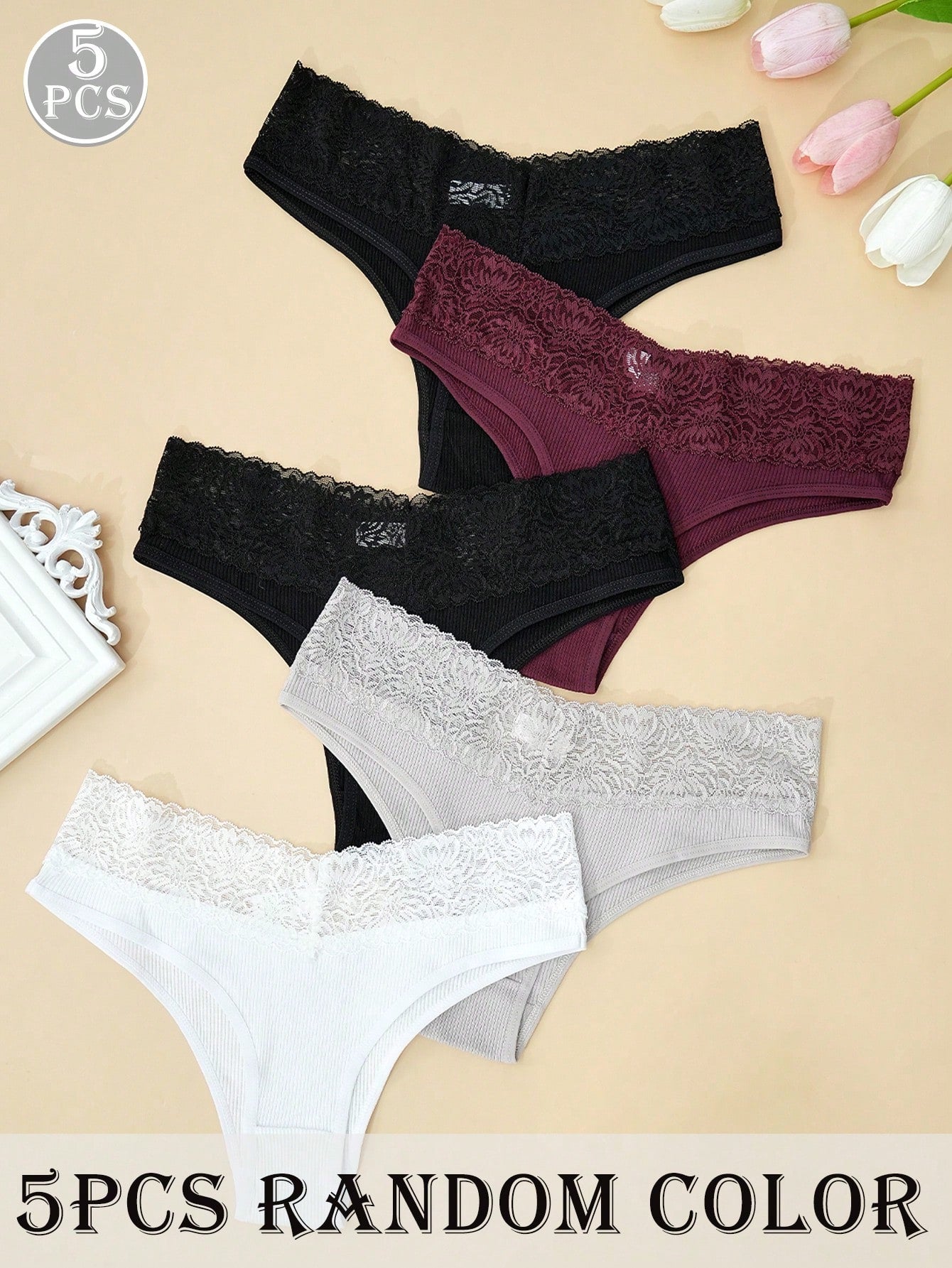 5pcs/Pack Random Color Lace Waist Women's Comfortable Minimalist Briefs Multicolor 3