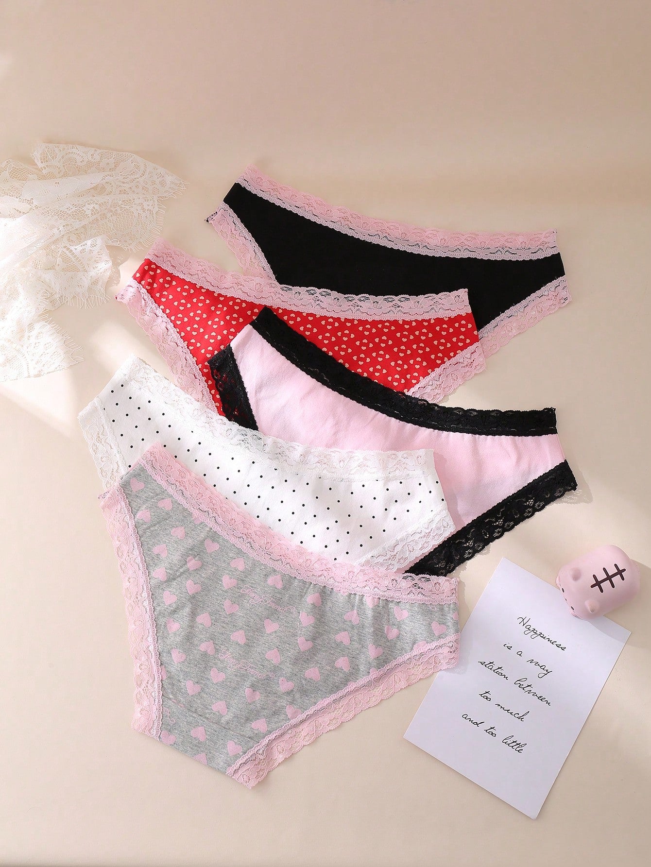 5pcs/Set Women's Sexy Romantic Lace Trim Printed Cotton Lingerie Set