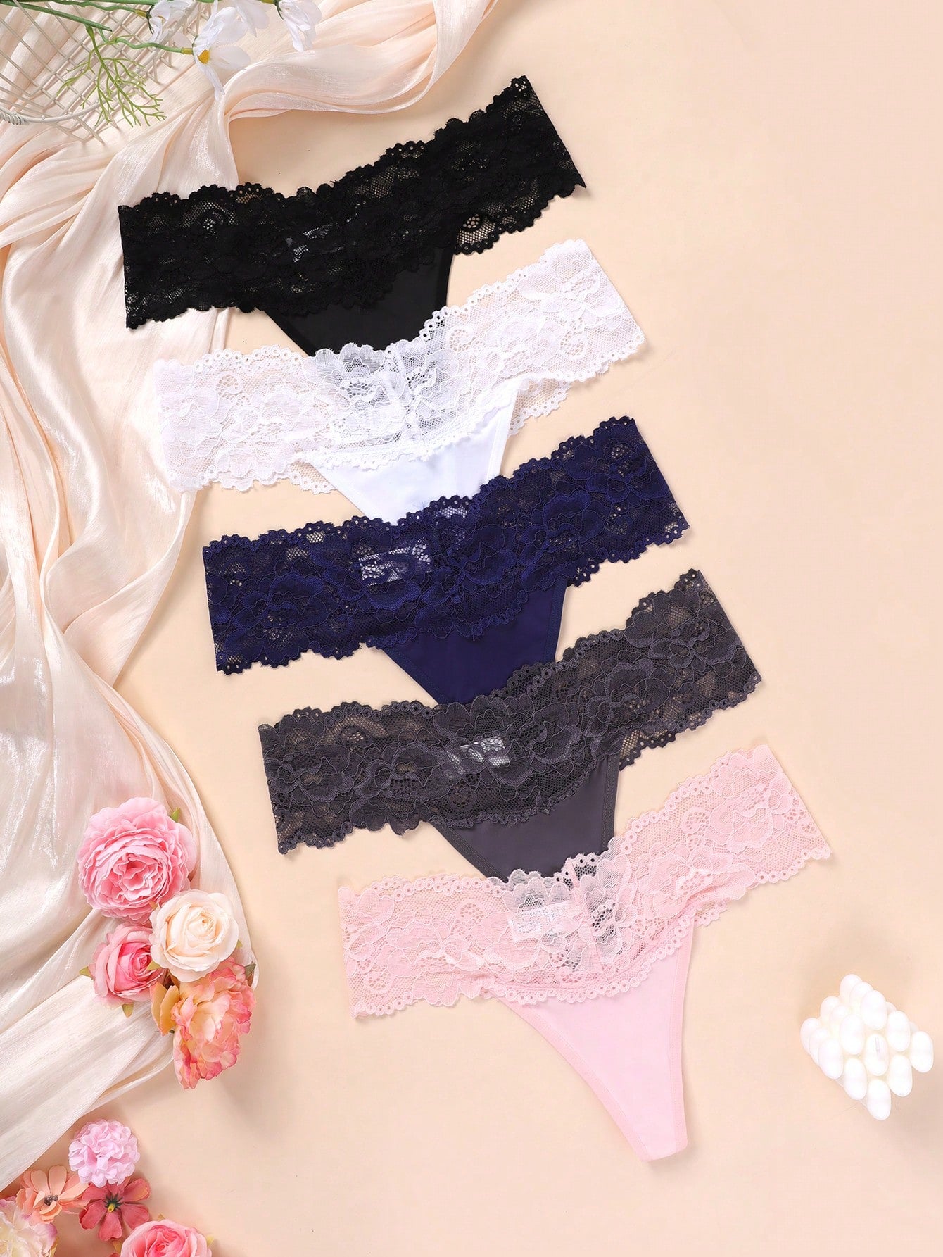 5pack Contrast Lace Thong