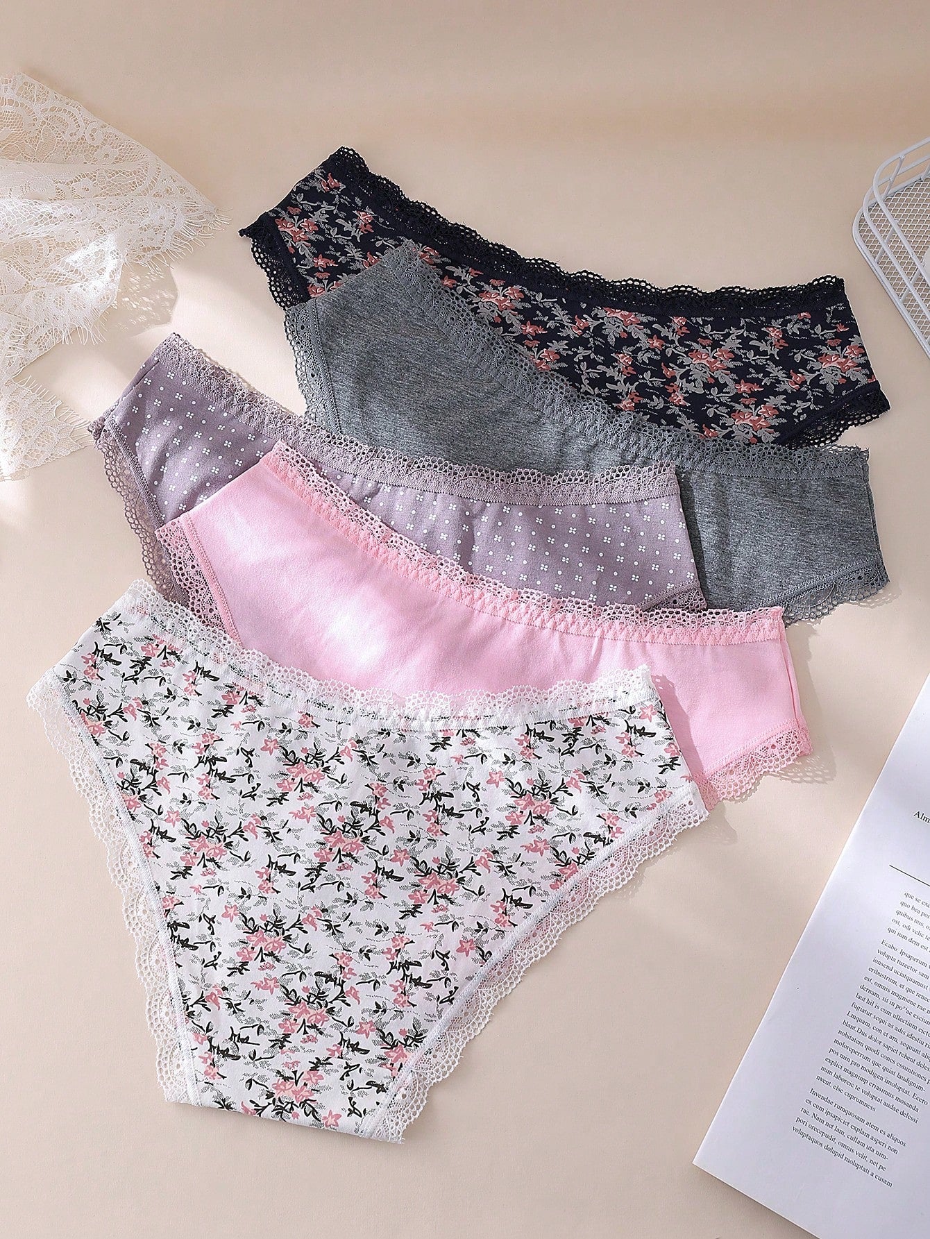 5pcs/Set Women's Sexy Romantic Lace Trim Printed Cotton Lingerie Set