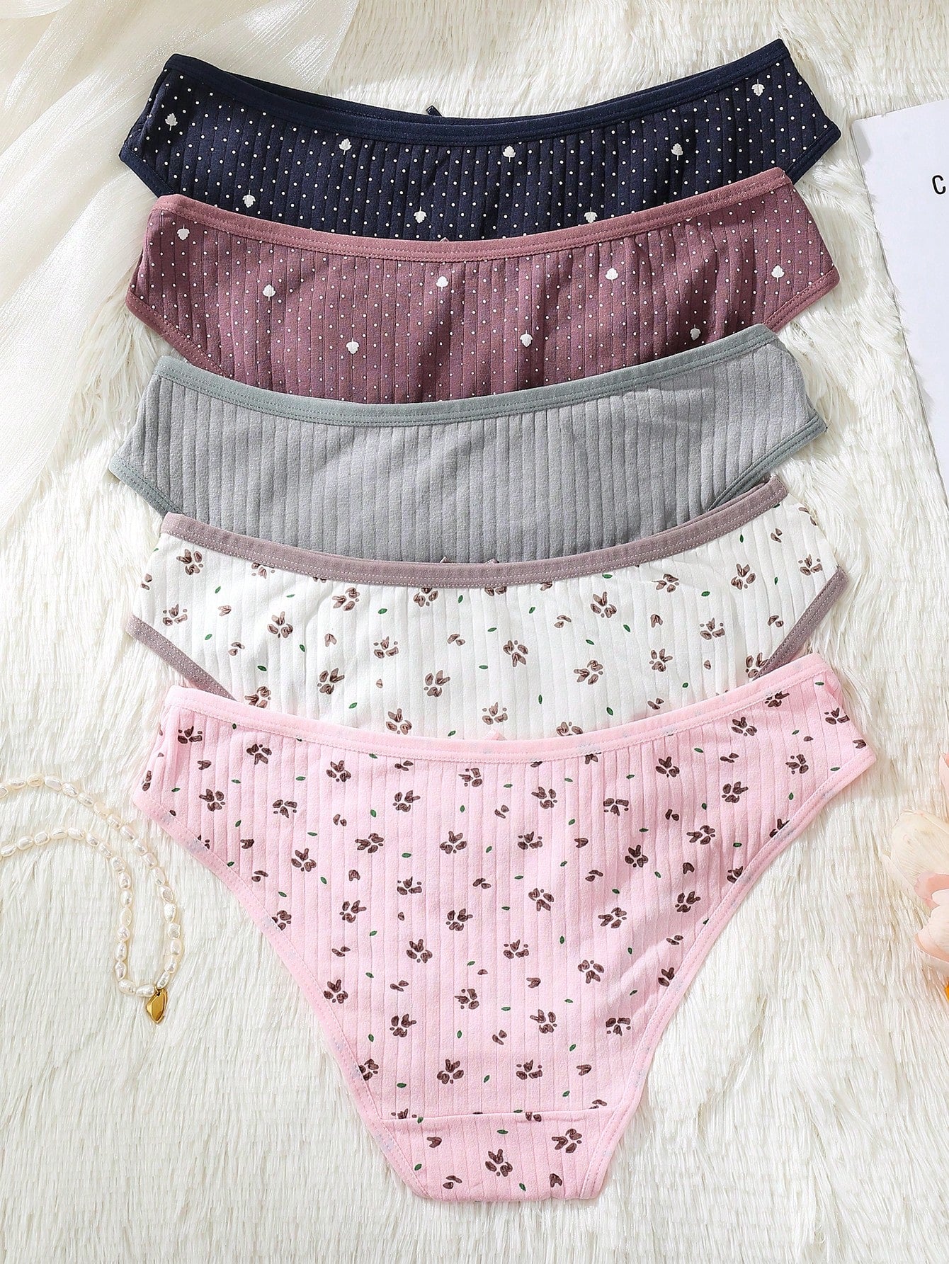 5pcs/Set Women's Sexy Romantic Lace Trim Printed Cotton Lingerie Set