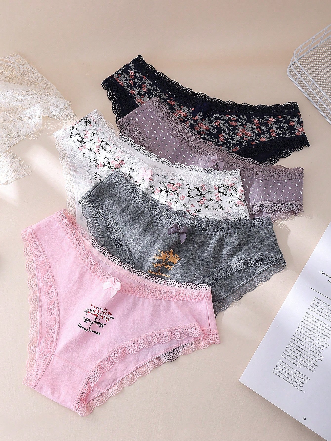 5pcs/Set Women's Sexy Romantic Lace Trim Printed Cotton Lingerie Set