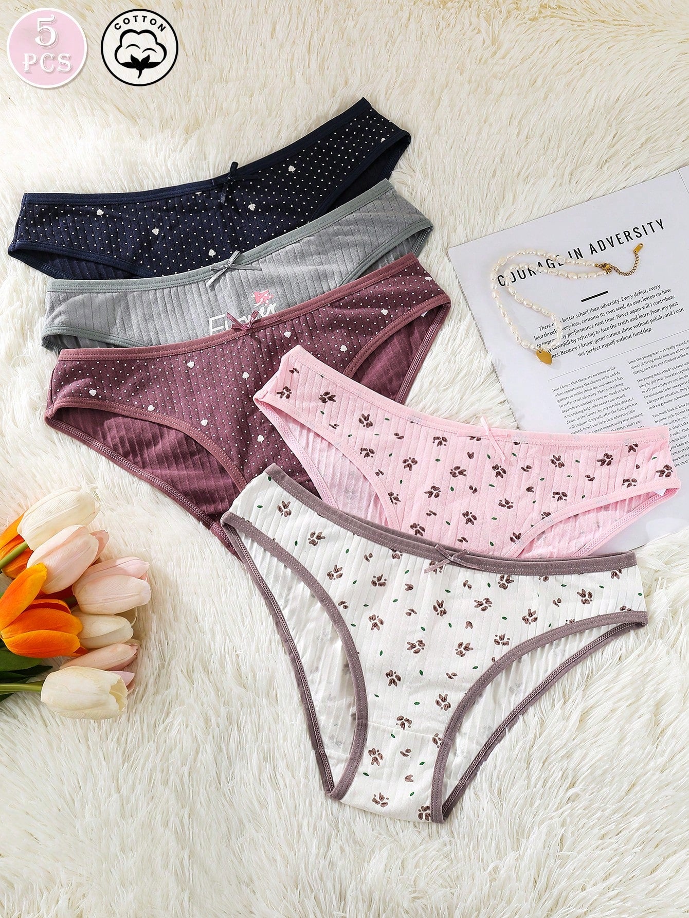 5pcs/Set Women's Sexy Romantic Lace Trim Printed Cotton Lingerie Set