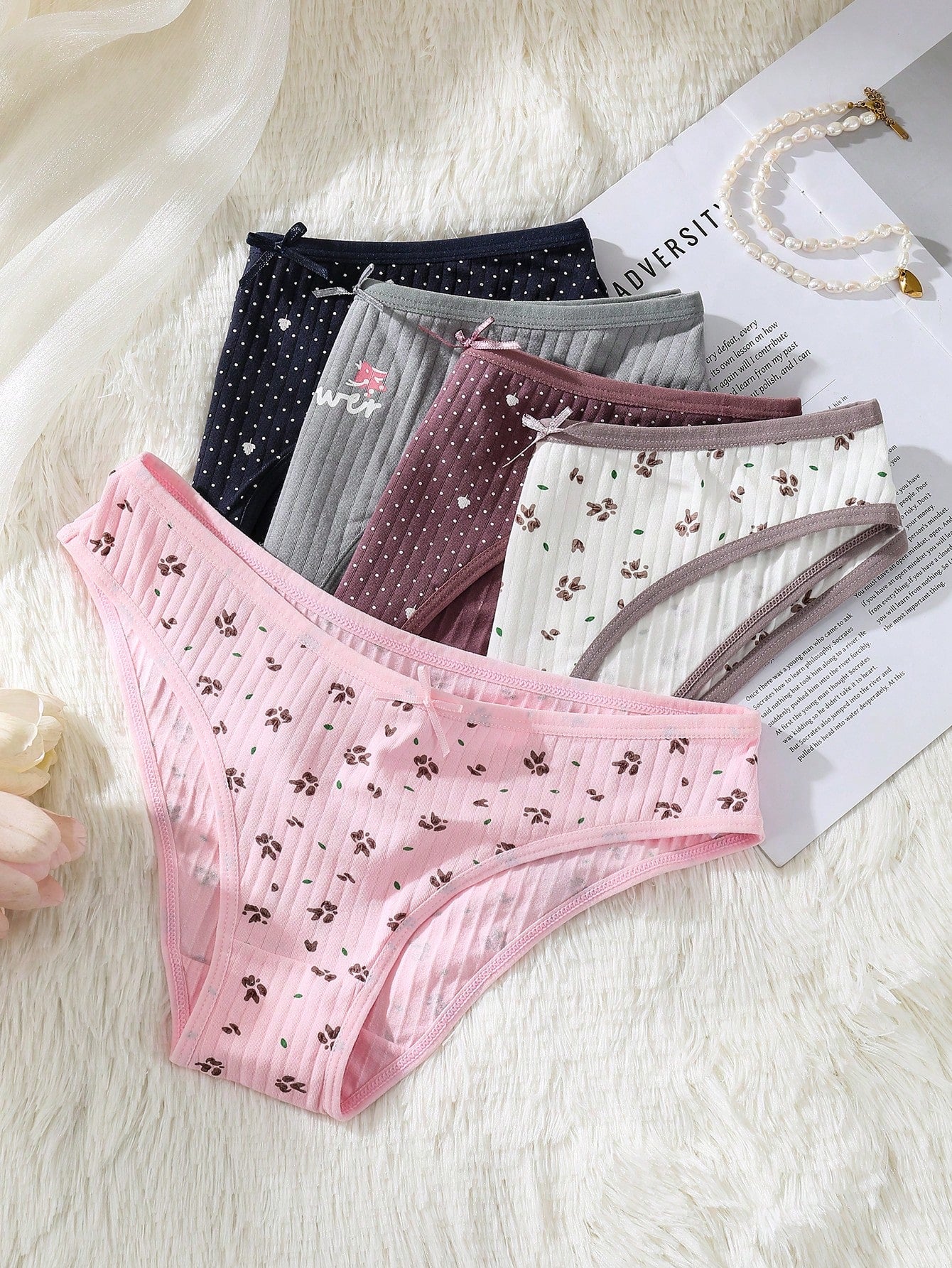 5pcs/Set Women's Sexy Romantic Lace Trim Printed Cotton Lingerie Set