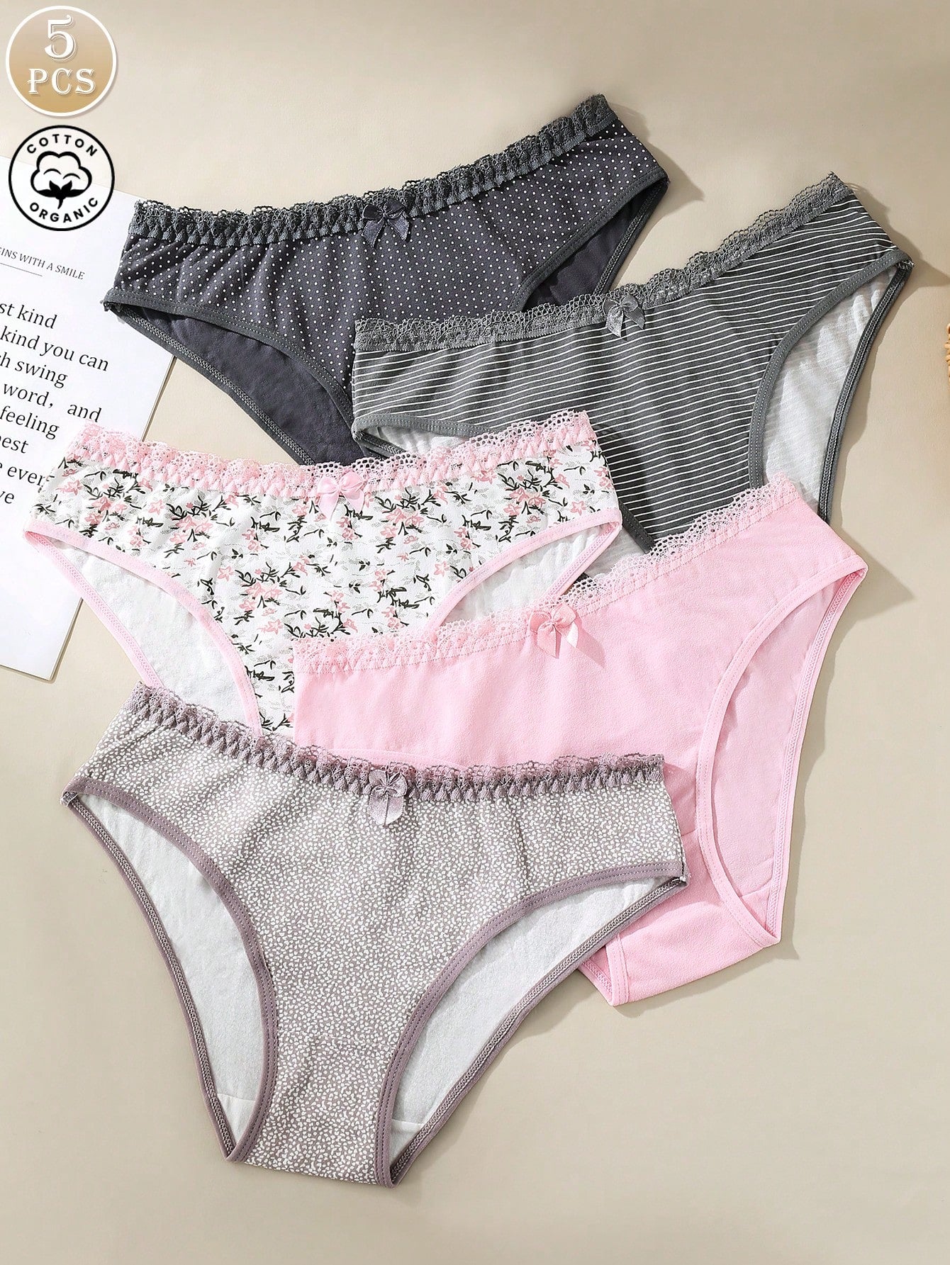 5pcs/Set Women's Sexy Romantic Lace Trim Printed Cotton Lingerie Set