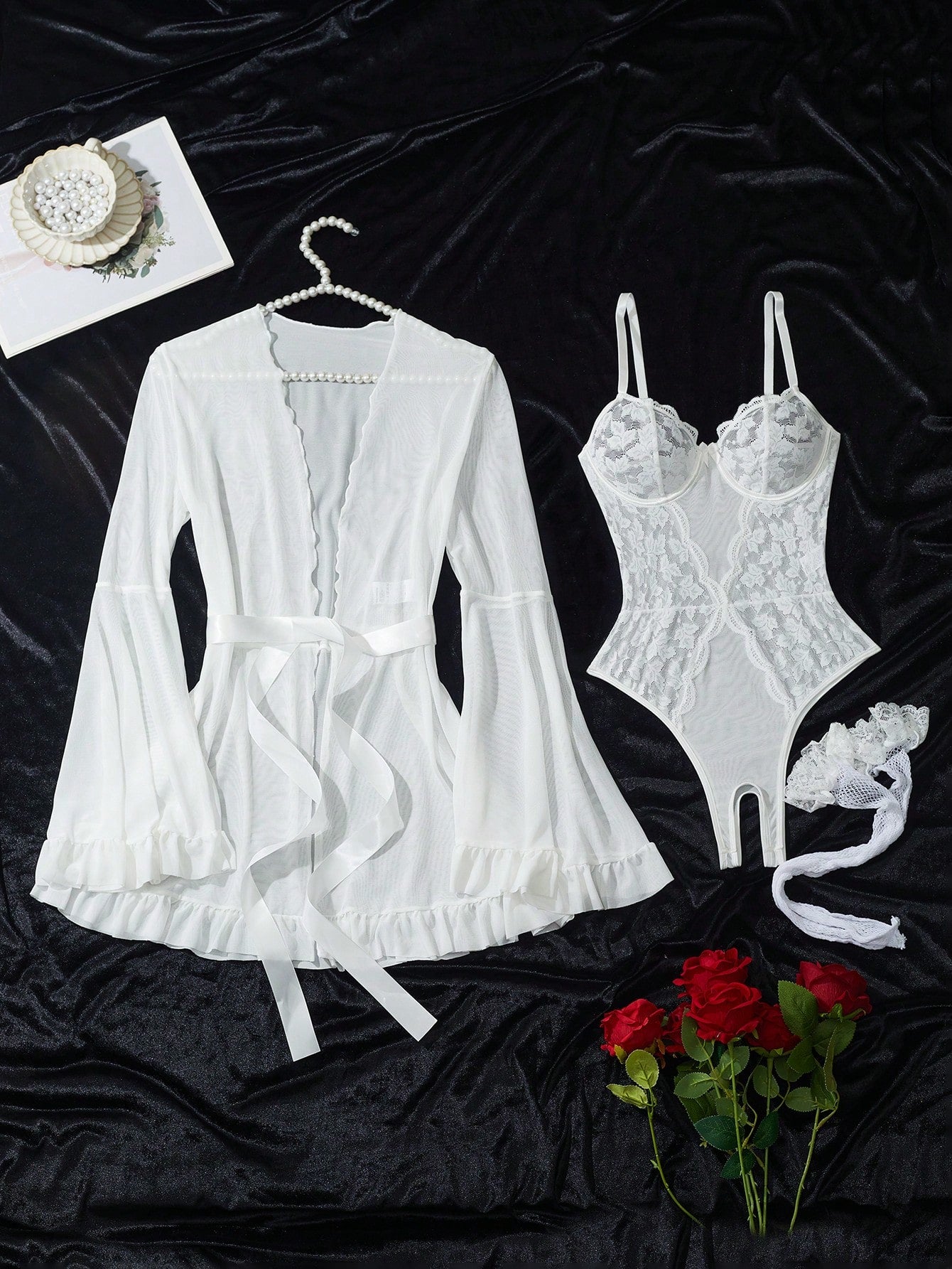 5pcs Set: Sexy Slit Bodysuit + Robe + Belt + 1 Pair Stockings White 2