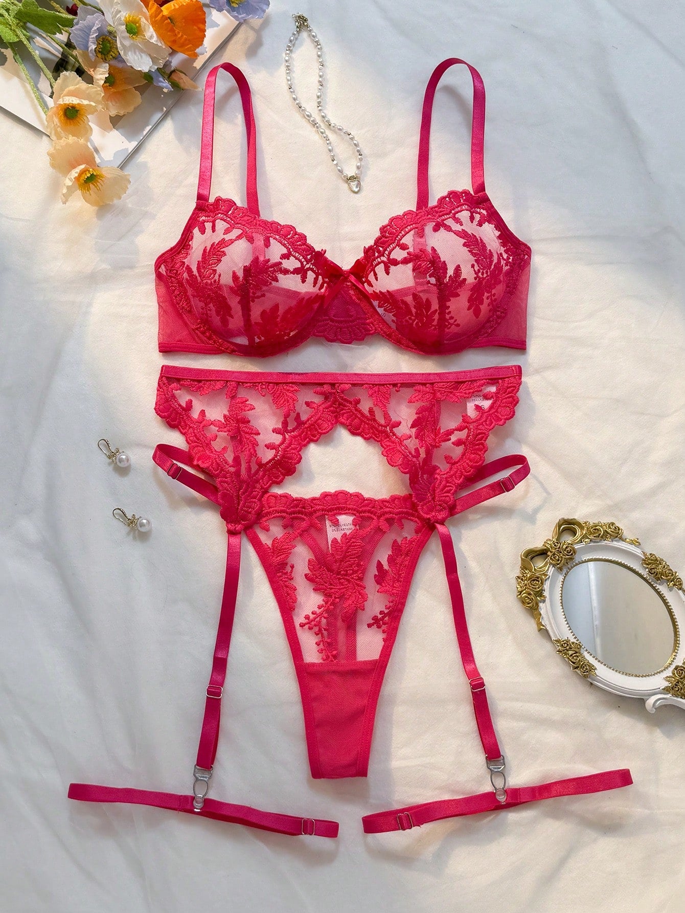 Women's Embroidered Mesh Sexy Lingerie Set