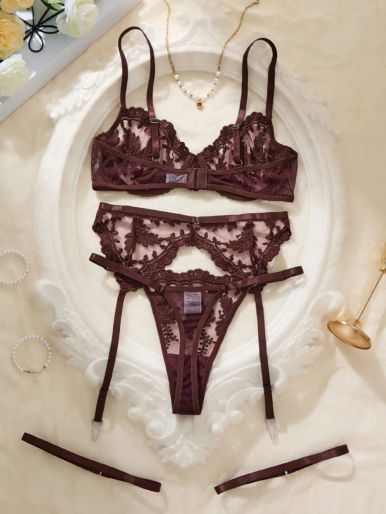 Women's Embroidered Mesh Sexy Lingerie Set
