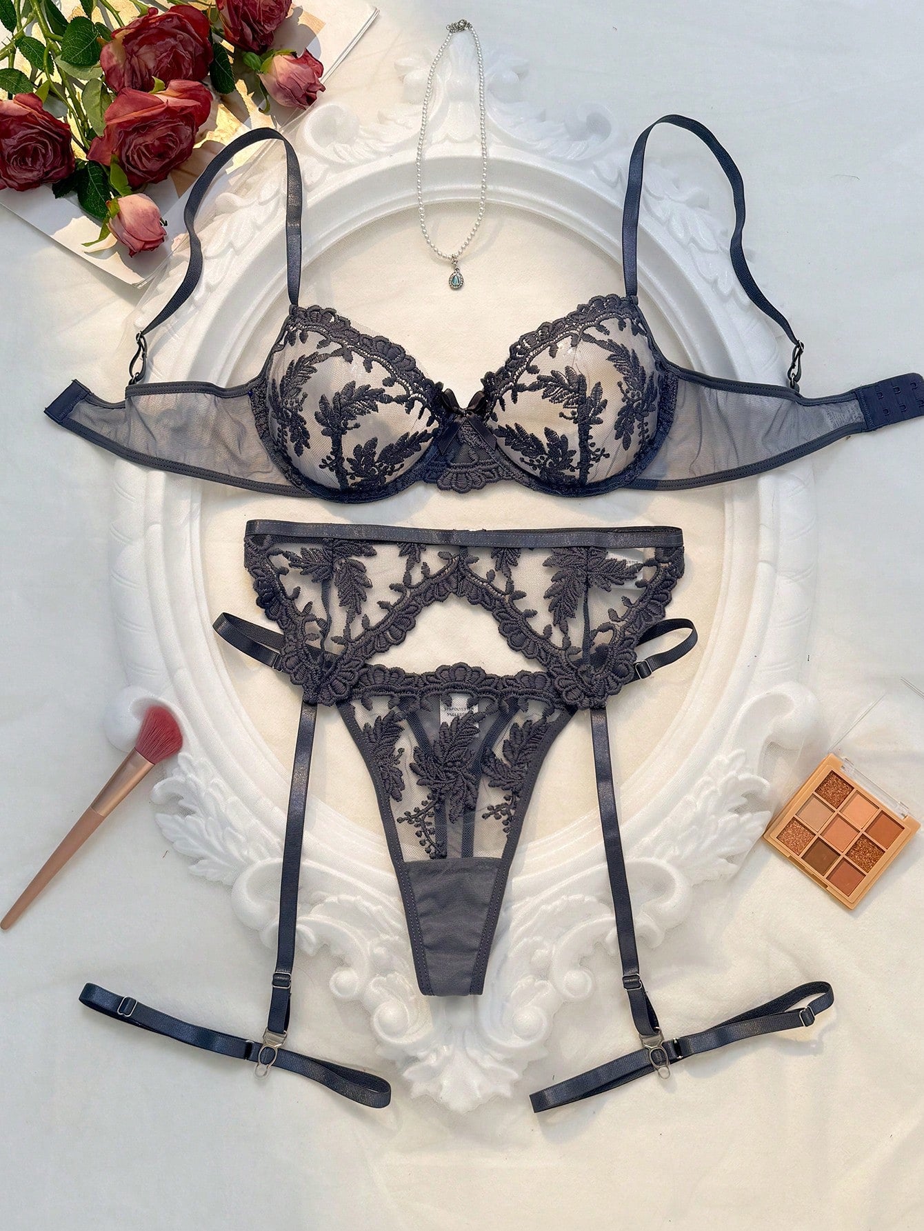Women's Embroidered Mesh Sexy Lingerie Set