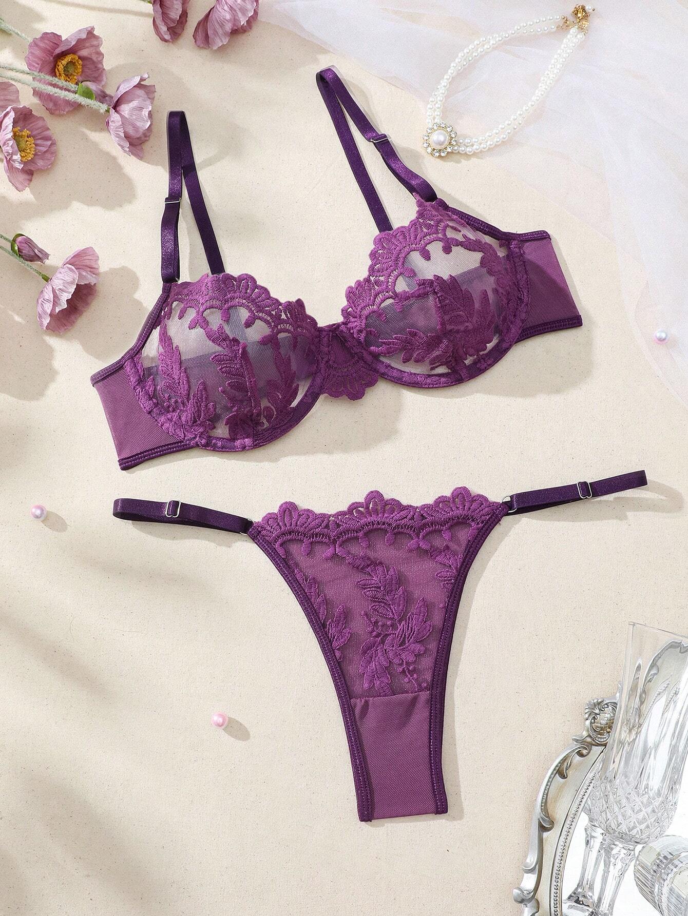 Pure Desire Floral Embroidery Mesh Underwire Lingerie Set purple