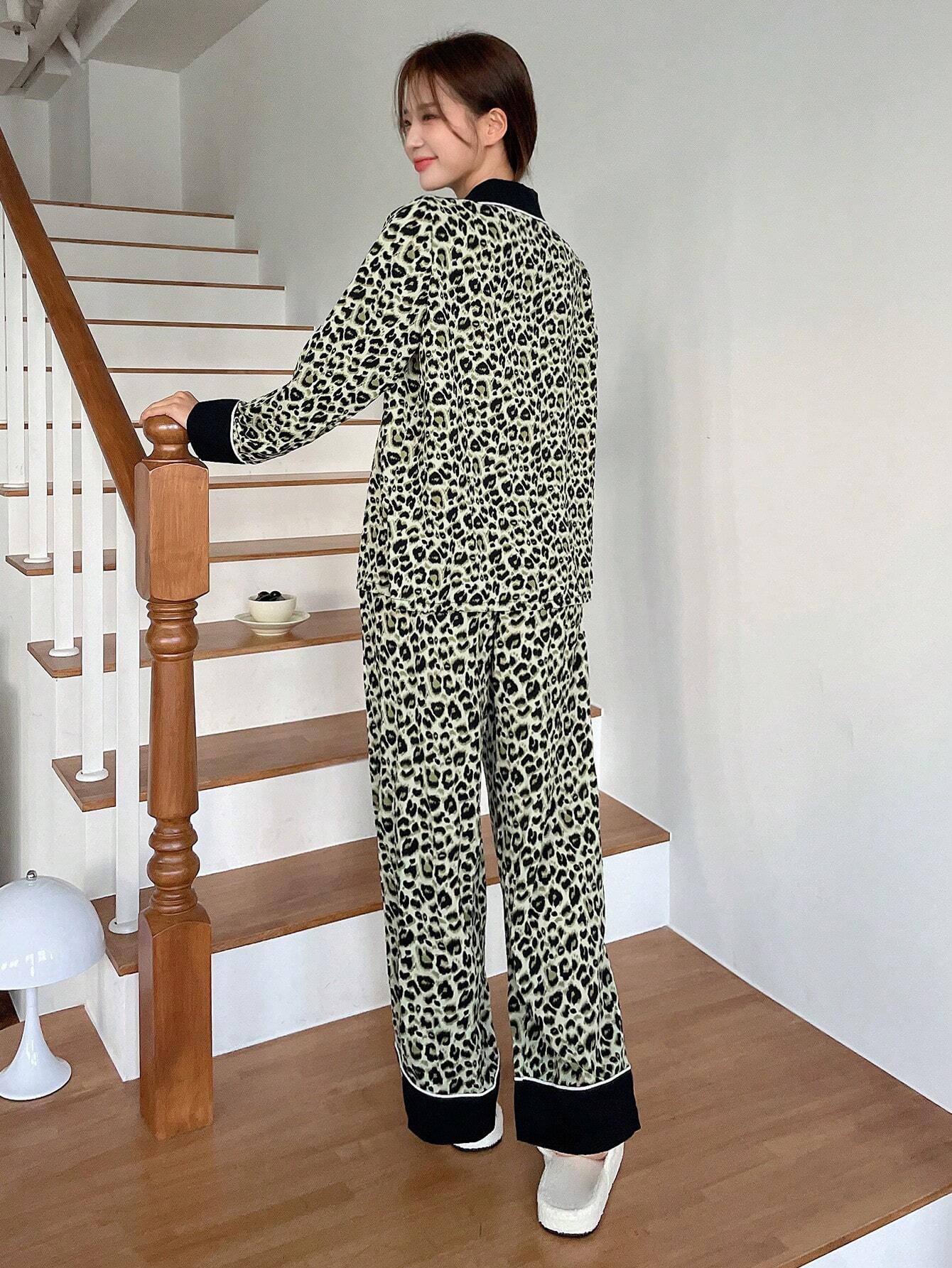 DAZY Color Block Leopard Print Edge Rolling Long-Sleeved Top And Pants