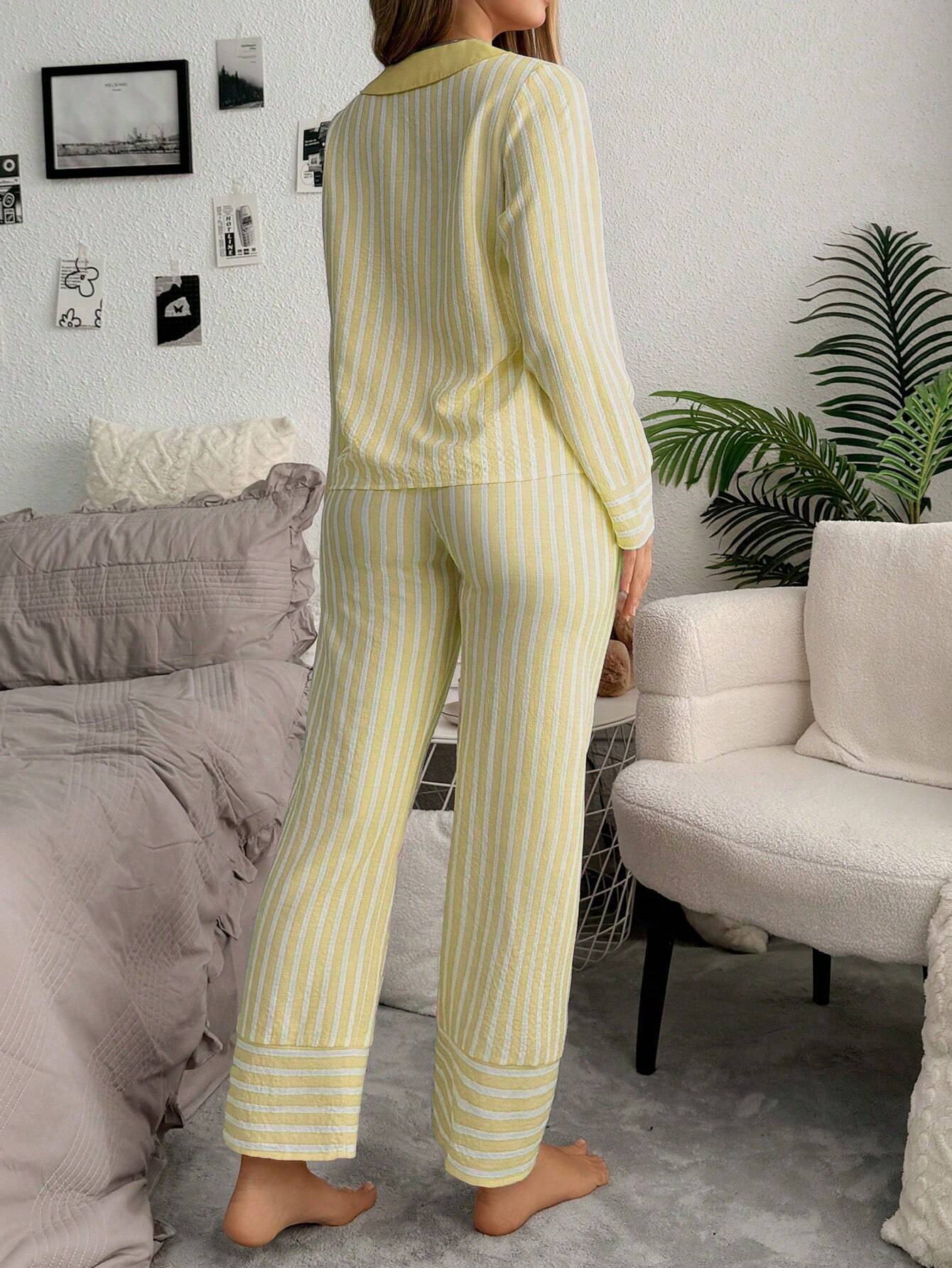 SweetSlumber Contrast Stripe Single Breasted Long Sleeve Top &amp; Pant Women Pajama Set