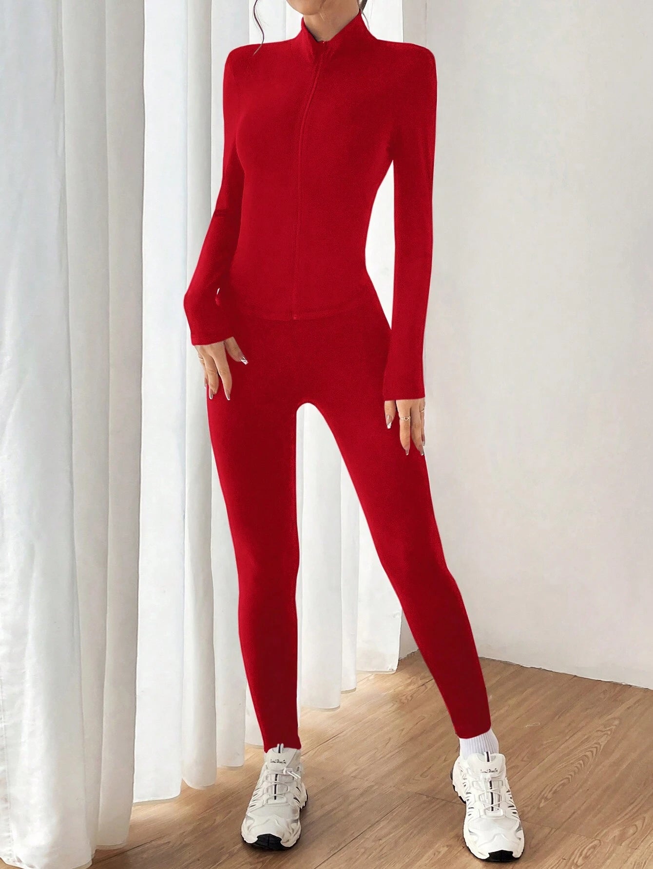 EZwear Ladies' Zipper Half Placket Long Sleeve T-Shirt And Leggings Set Red