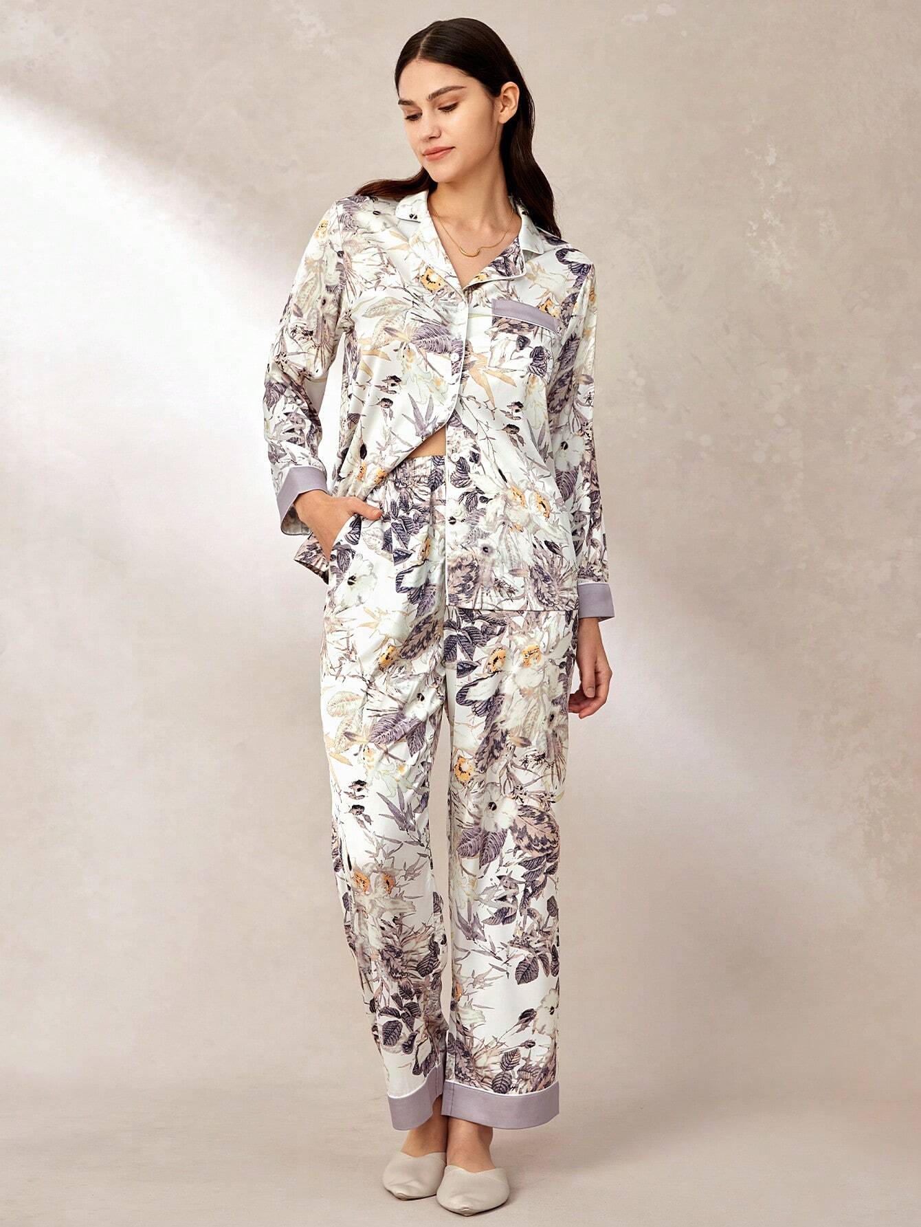 LUVLETTE Chinese Ink Painting Flora Print Satin Long Women Pajama Sets