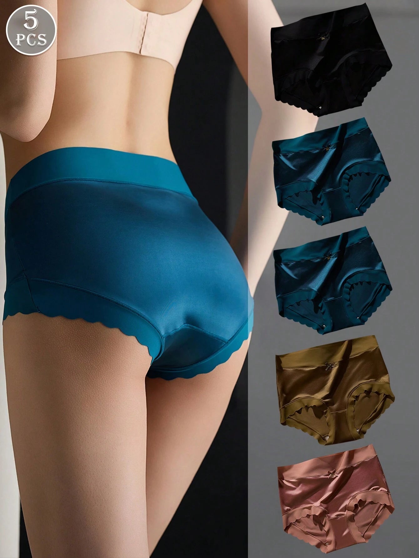 5 Pcs Of Women's Non-Marking Satin Mid-Waist Ruffled Mulberry Silk Bottom Crotch Hip-Lifting Panties