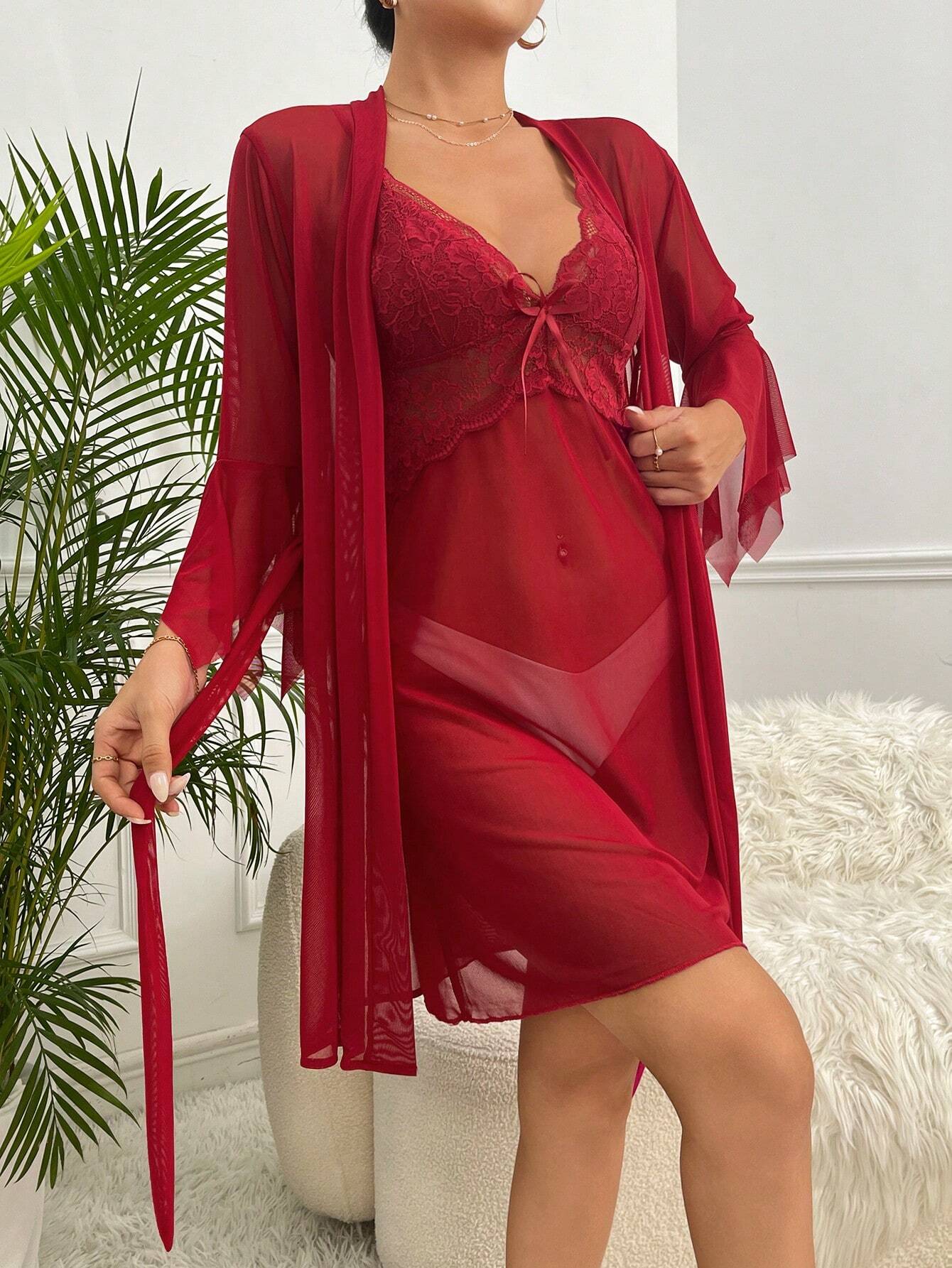 Solid Color Lace Patchwork Mesh Pajama Set