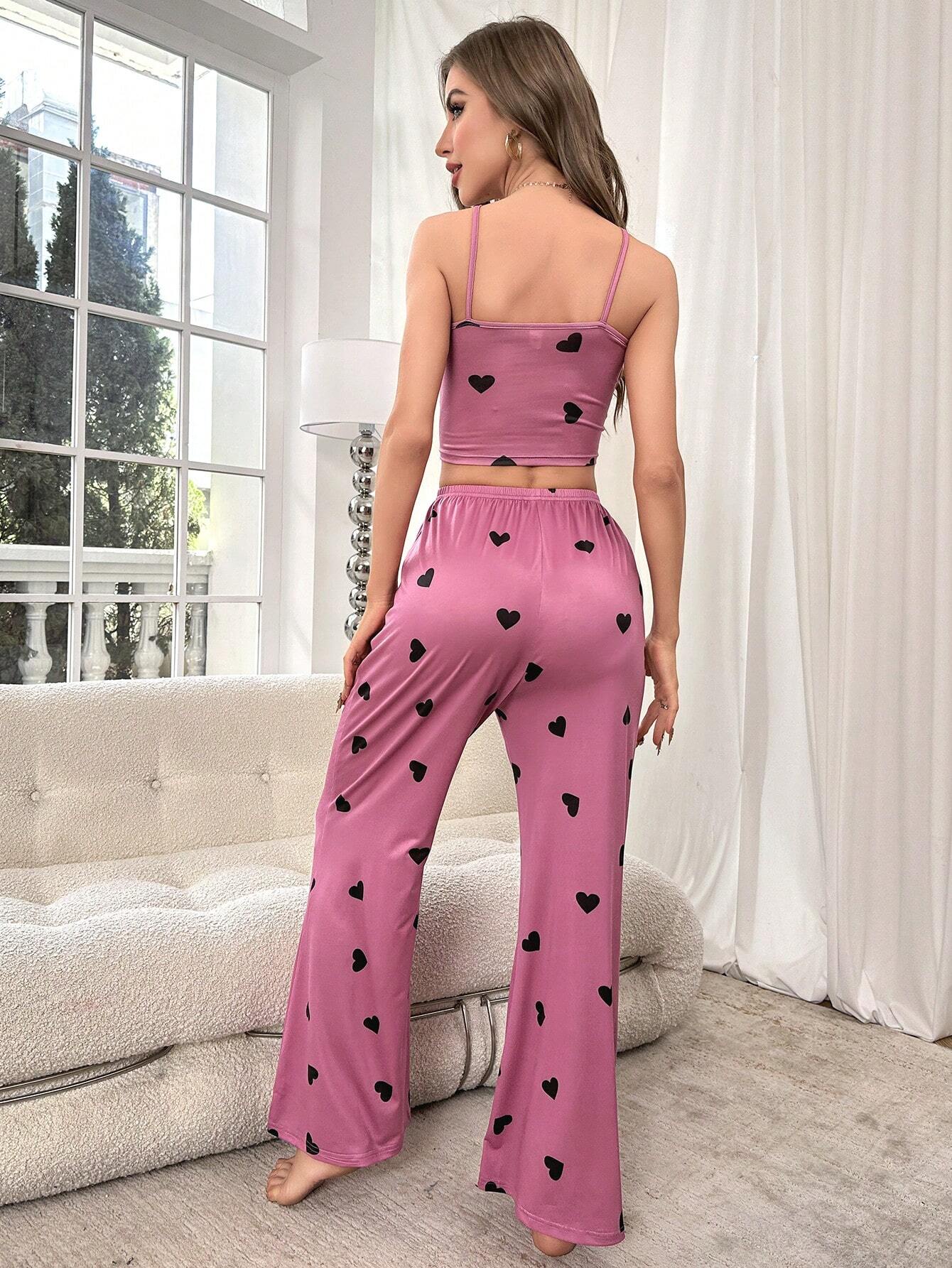 Heart Print Lace Trim Cami Top &amp; Bow Front Pants PJ Set