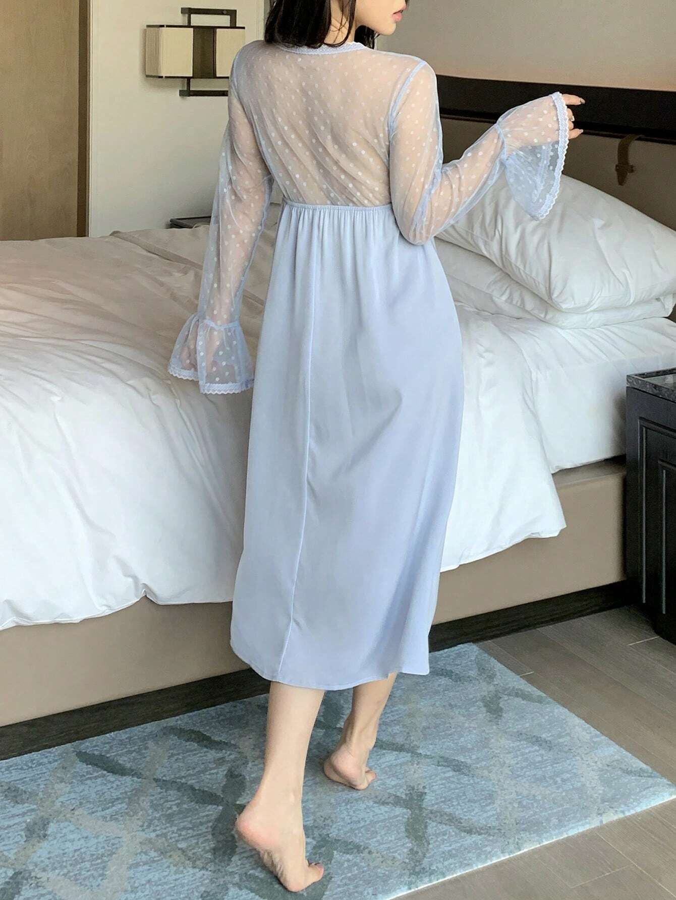 DAZY Satin Contrast Lace Semi-Sheer Ruffle Sleeve Waist Cinched Nightgown