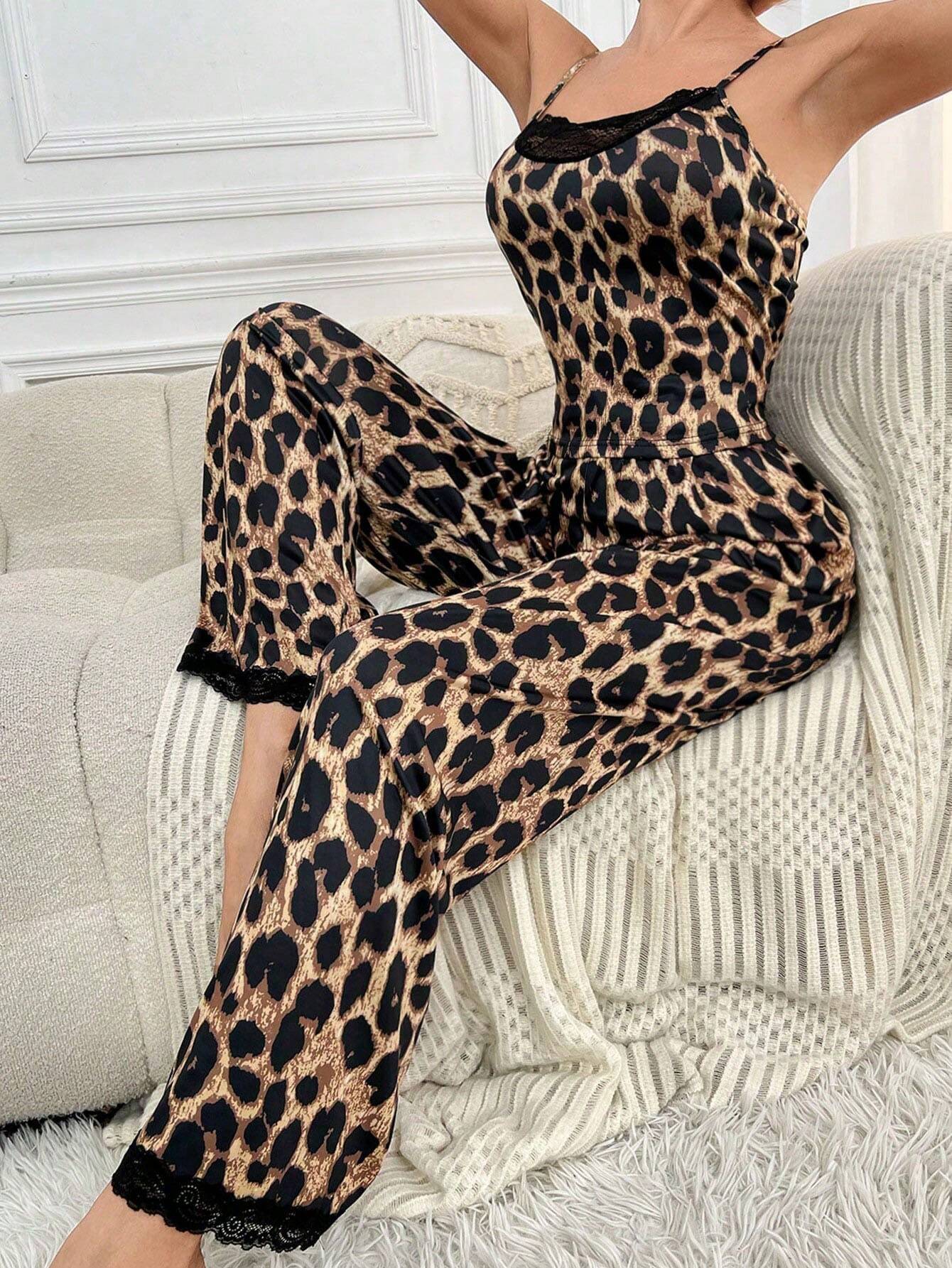 Women's Leopard Print Patchwork Lace Pajama Set