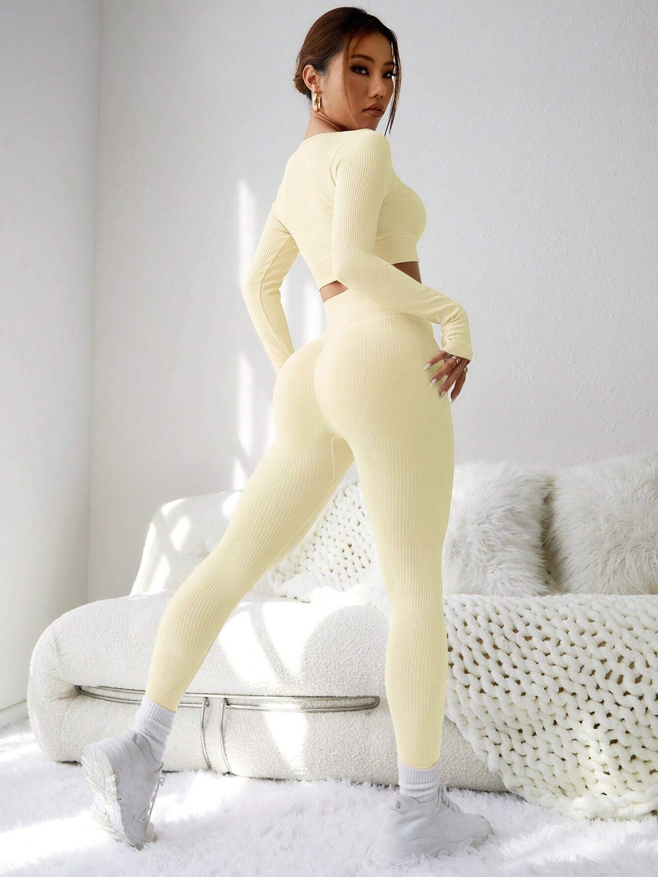 Sport Seamluxe Two Piece Outfits Seamless High Stretch Thumb Holes Sports Tee &amp; Leggings