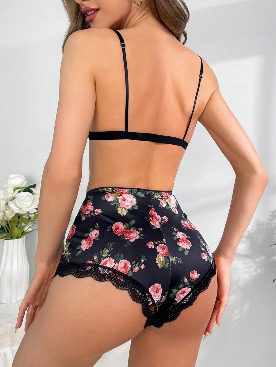 2pack Floral Print Contrast Lace Wireless Lingerie Set Without Robe
