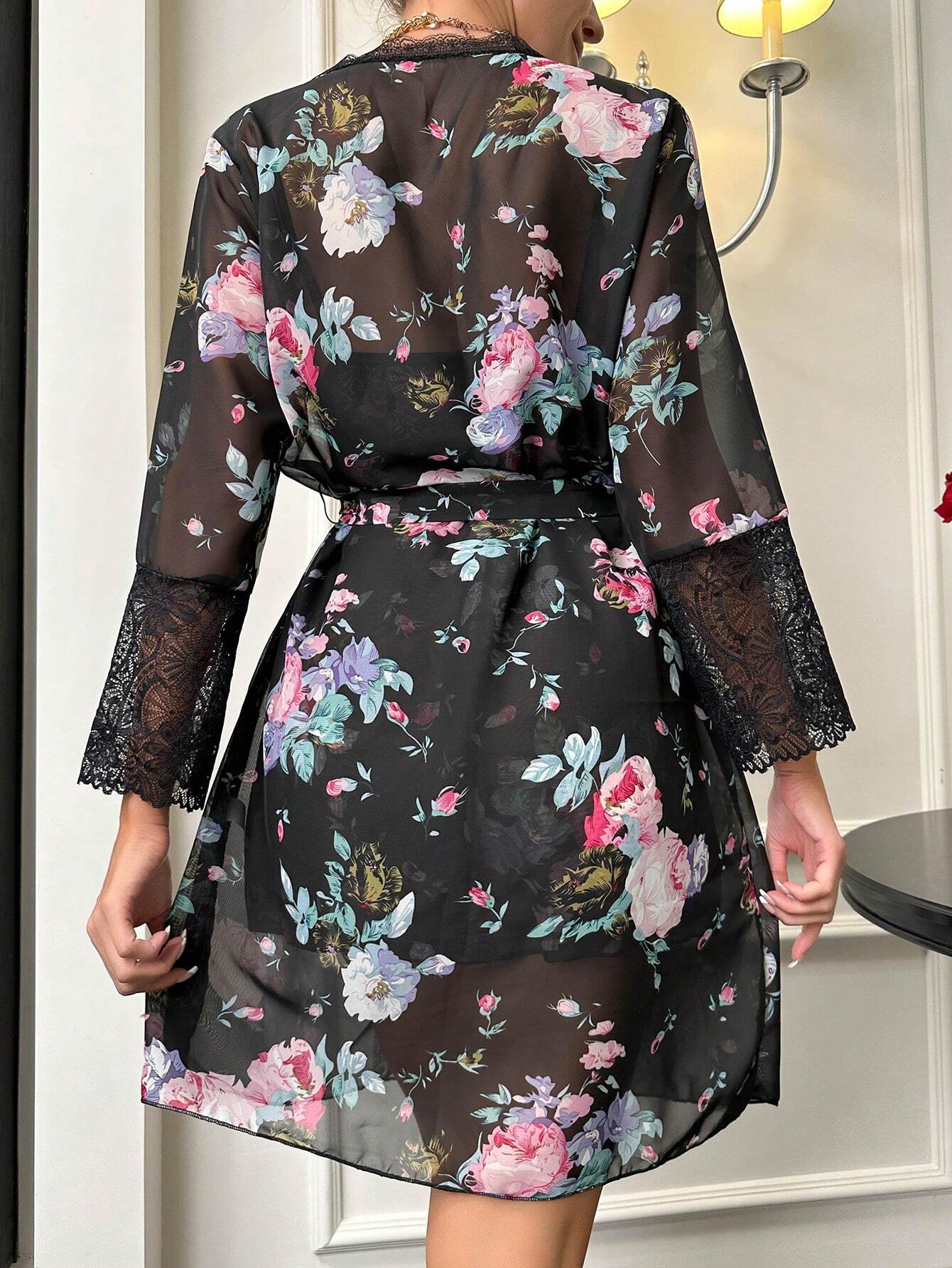 Floral Print Contrast Lace Cami Dress &amp; Belted Robe PJ Set